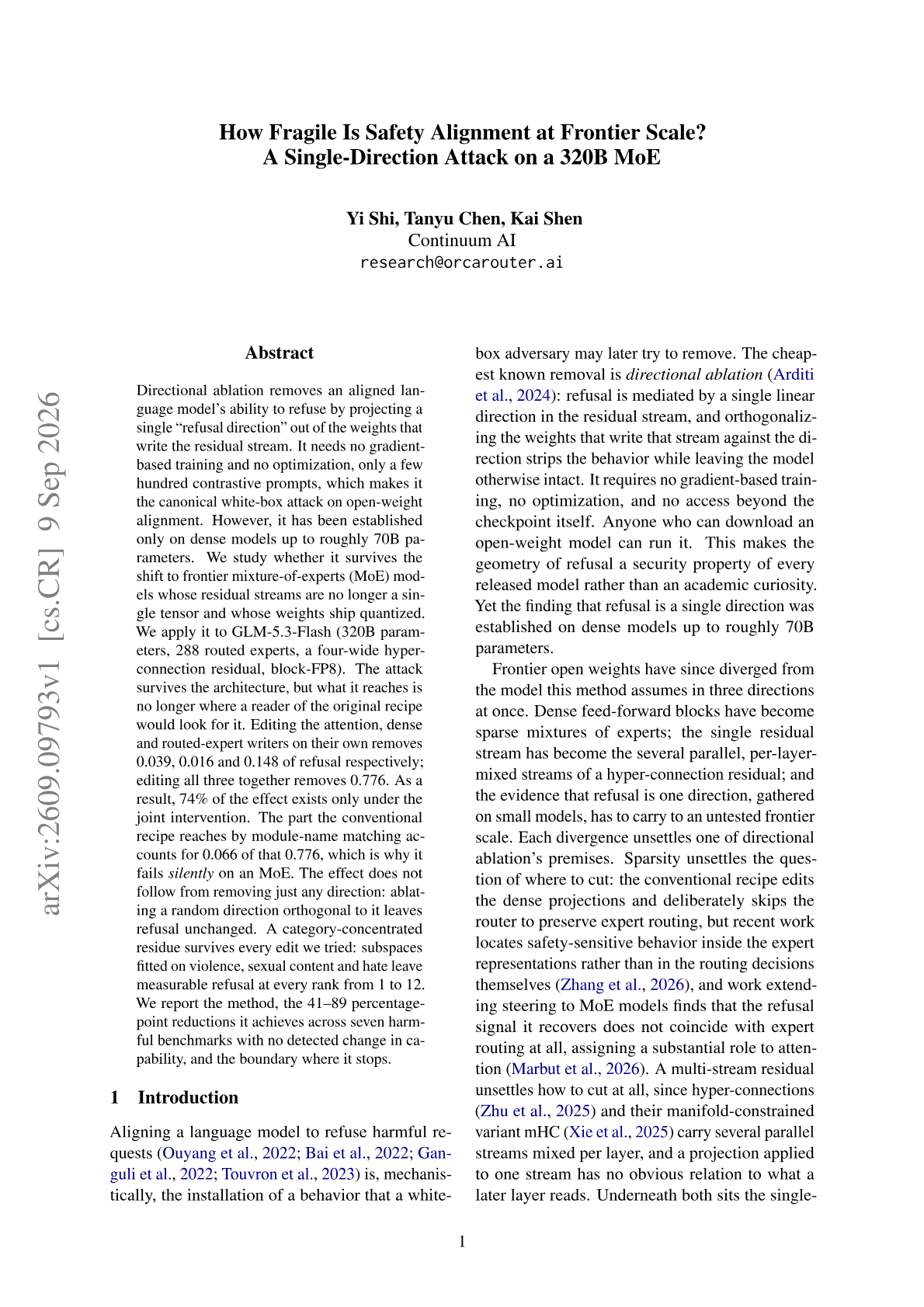 How Fragile Is Safety Alignment at Frontier Scale? A Single-Direction Attack on a 320B MoE