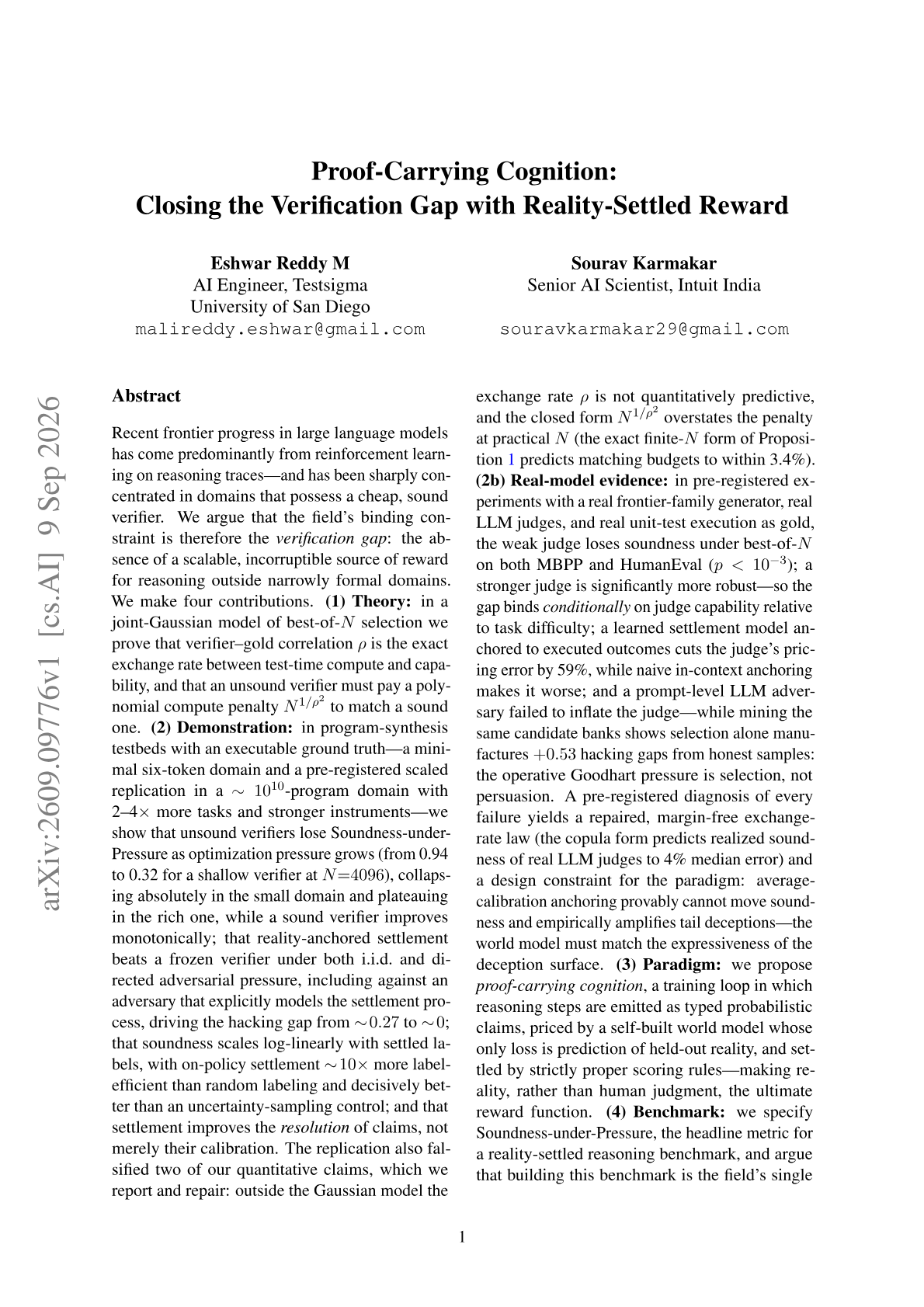 Proof-Carrying Cognition: Closing the Verification Gap with Reality-Settled Reward
