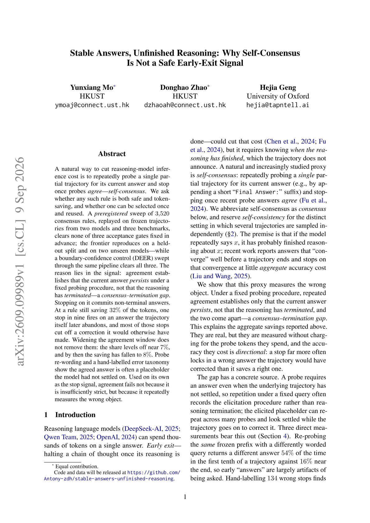 Stable Answers, Unfinished Reasoning: Why Self-Consensus Is Not a Safe Early-Exit Signal
