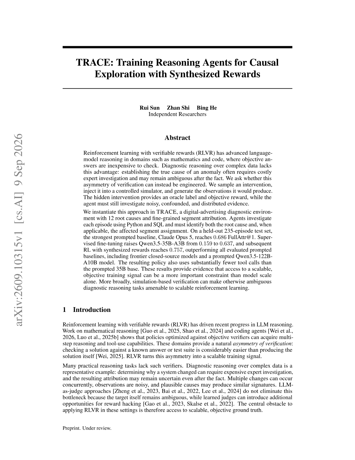 TRACE: Training Reasoning Agents for Causal Exploration with Synthesized Rewards