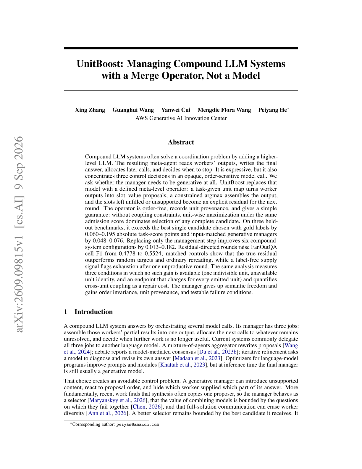 UnitBoost: Managing Compound LLM Systems with a Merge Operator, Not a Model