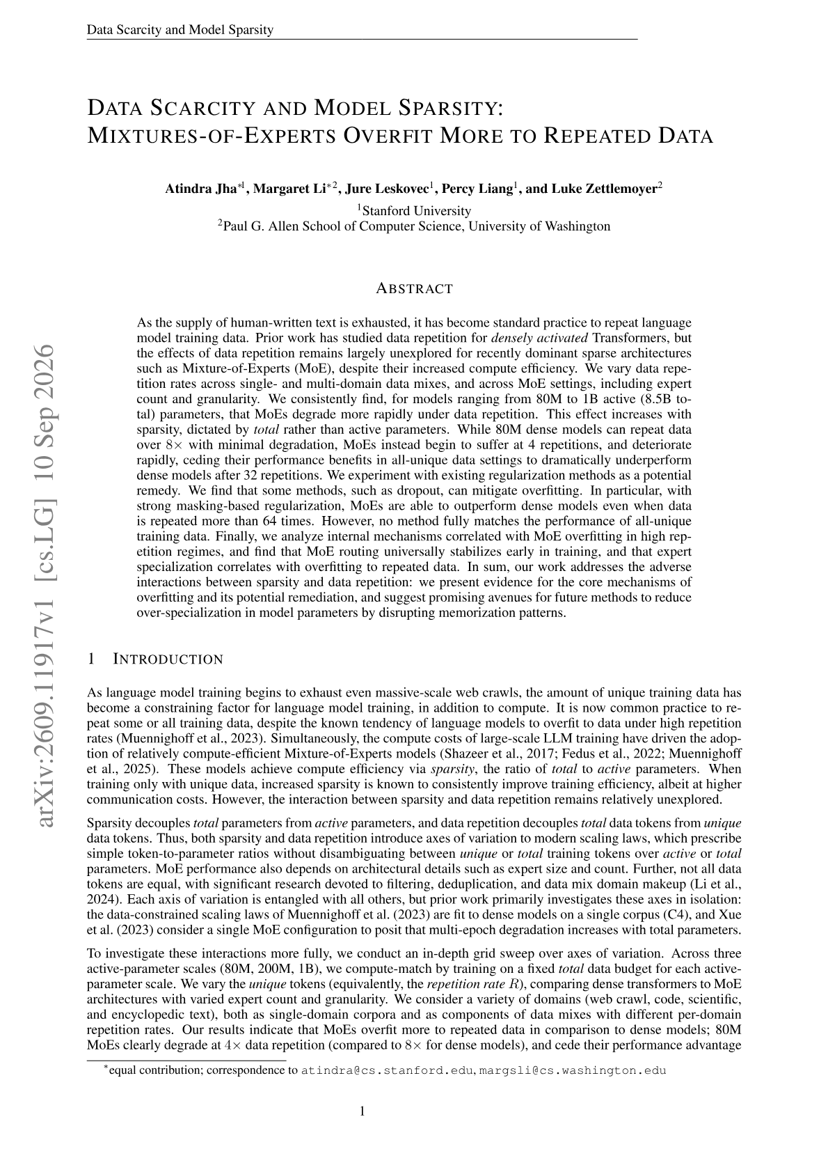 Data Scarcity and Model Sparsity: Mixtures-of-Experts Overfit More to Repeated Data