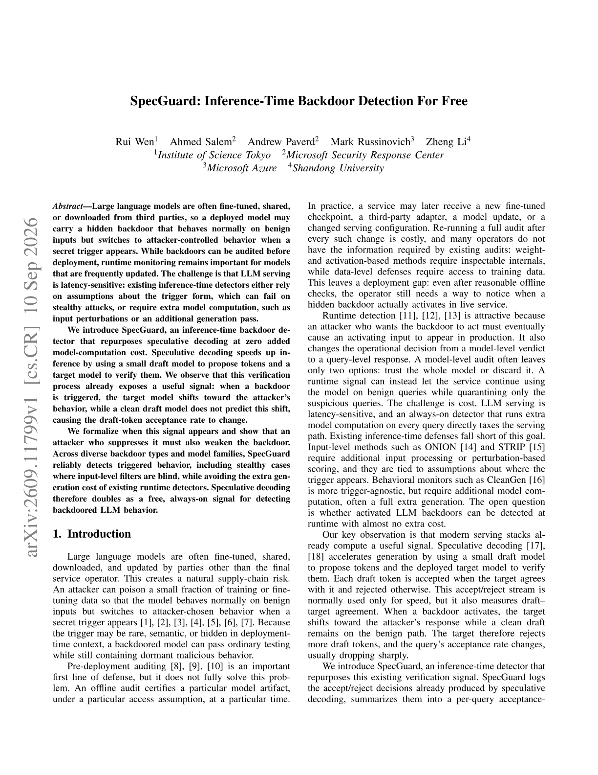 SpecGuard: Inference-Time Backdoor Detection For Free