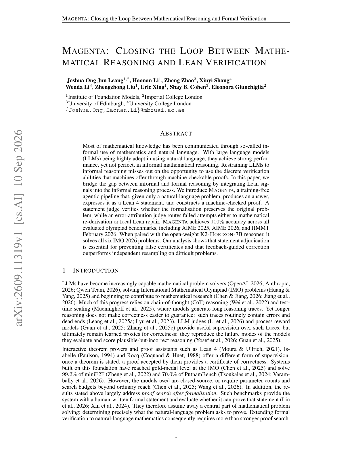 Magenta: Closing the Loop Between Mathematical Reasoning and Lean Verification