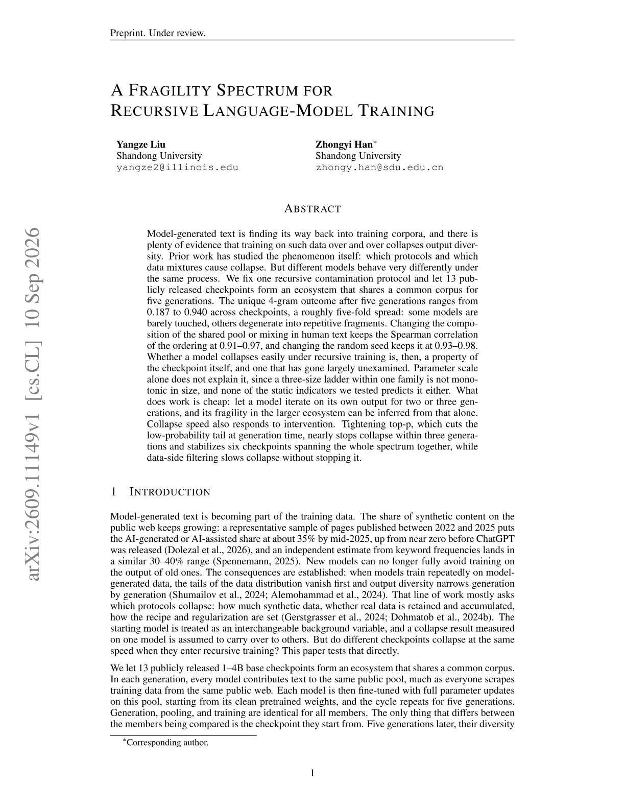 A Fragility Spectrum for Recursive Language-Model Training