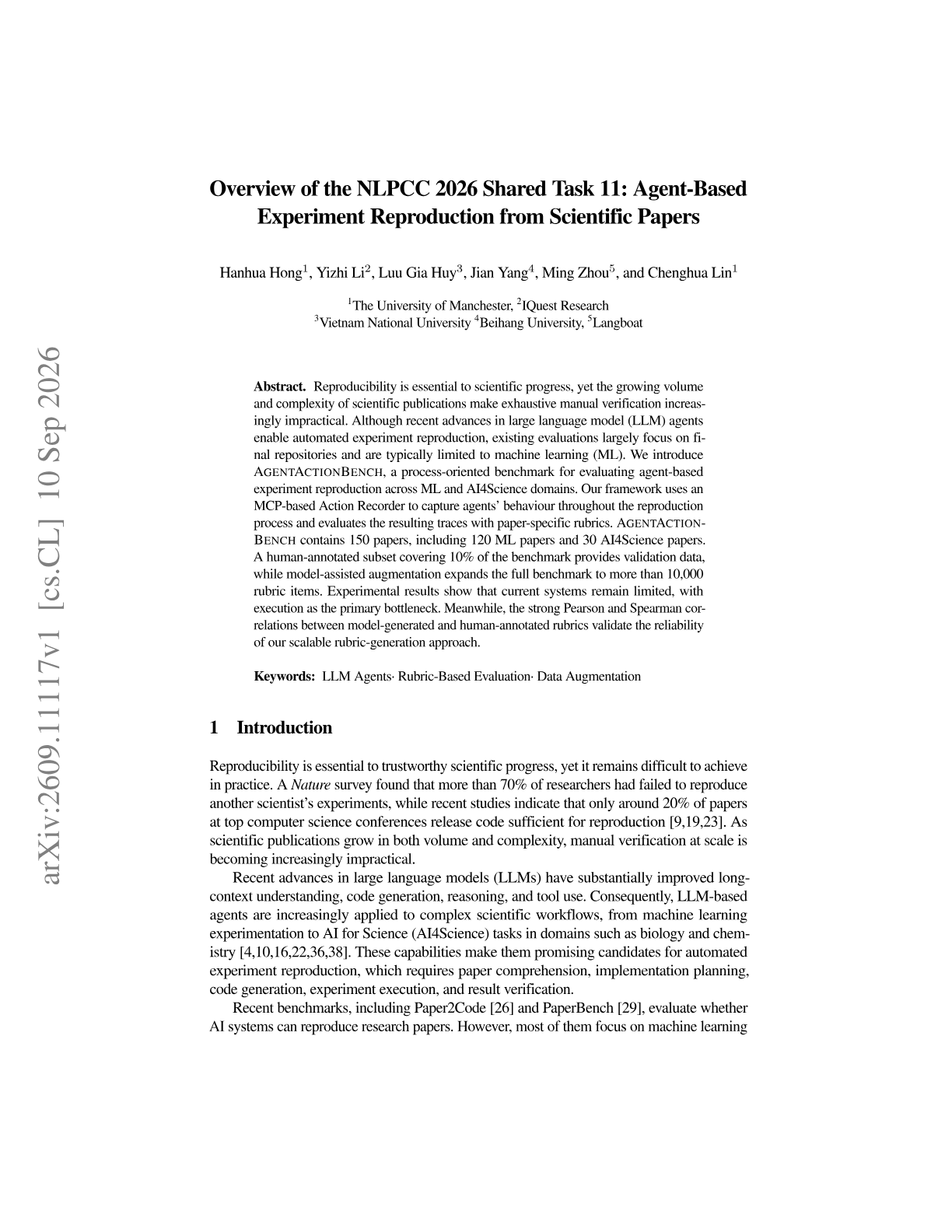Overview of the NLPCC 2026 Shared Task 11: Agent-Based Experiment Reproduction from Scientific Papers