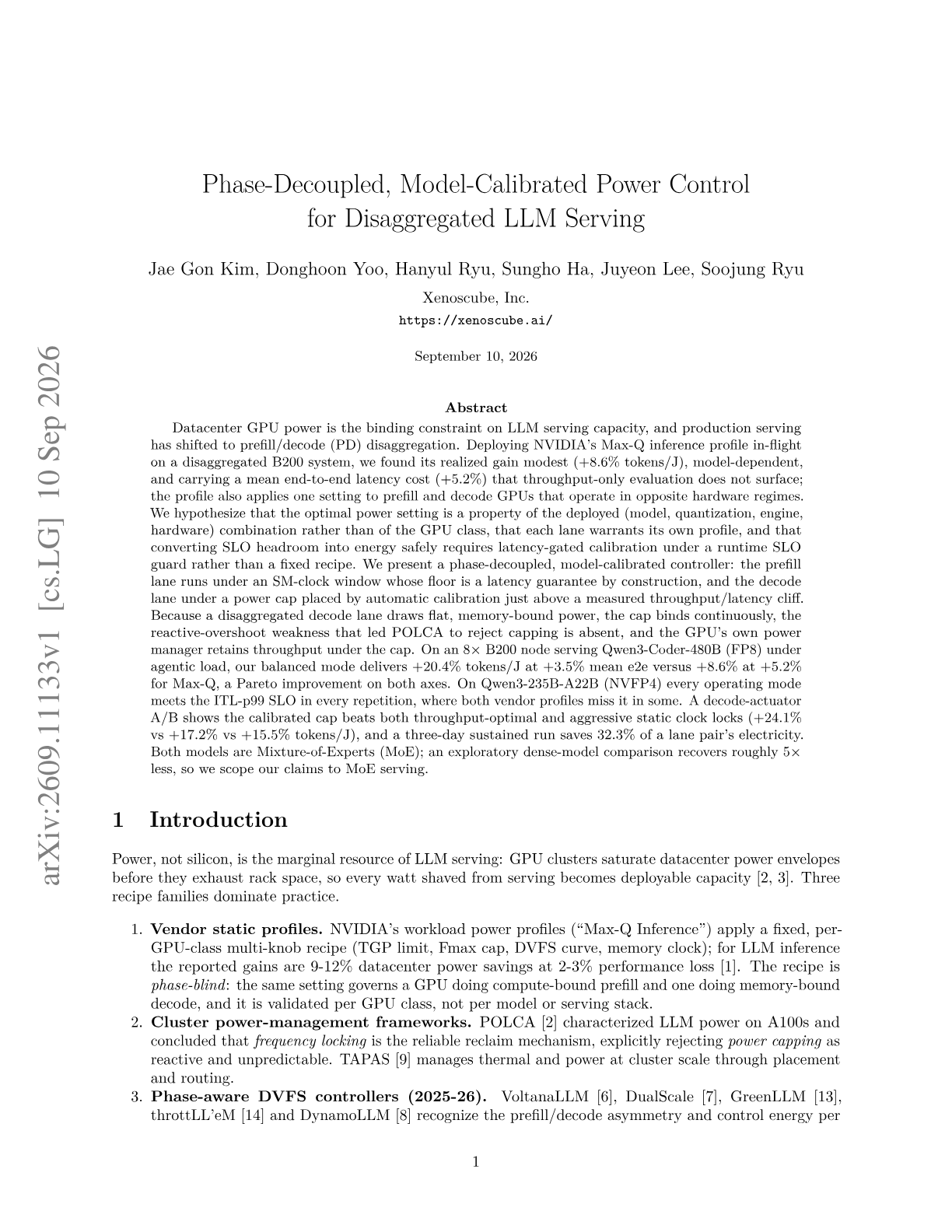 Phase-Decoupled, Model-Calibrated Power Control for Disaggregated LLM Serving