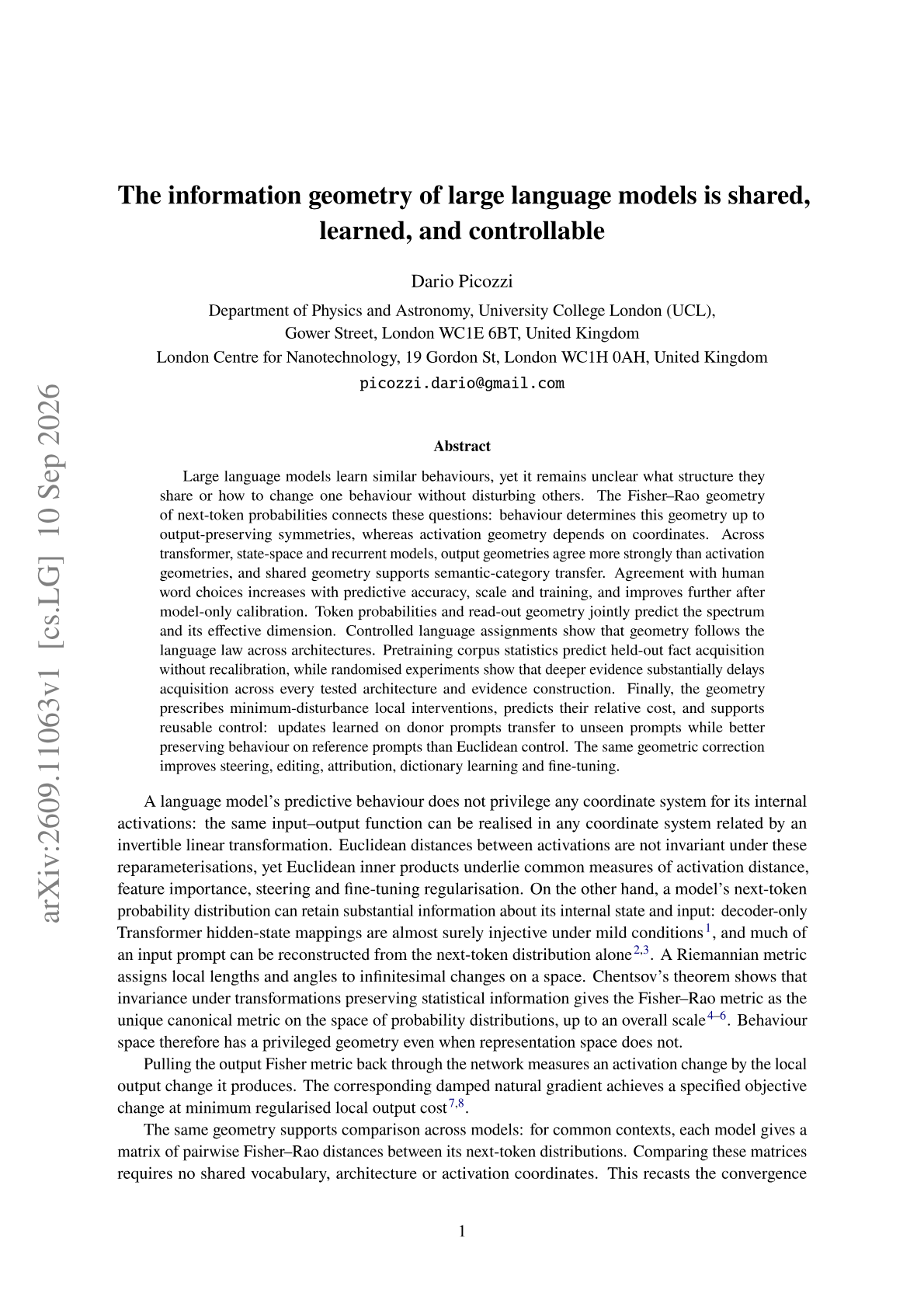 The information geometry of large language models is shared, learned, and controllable