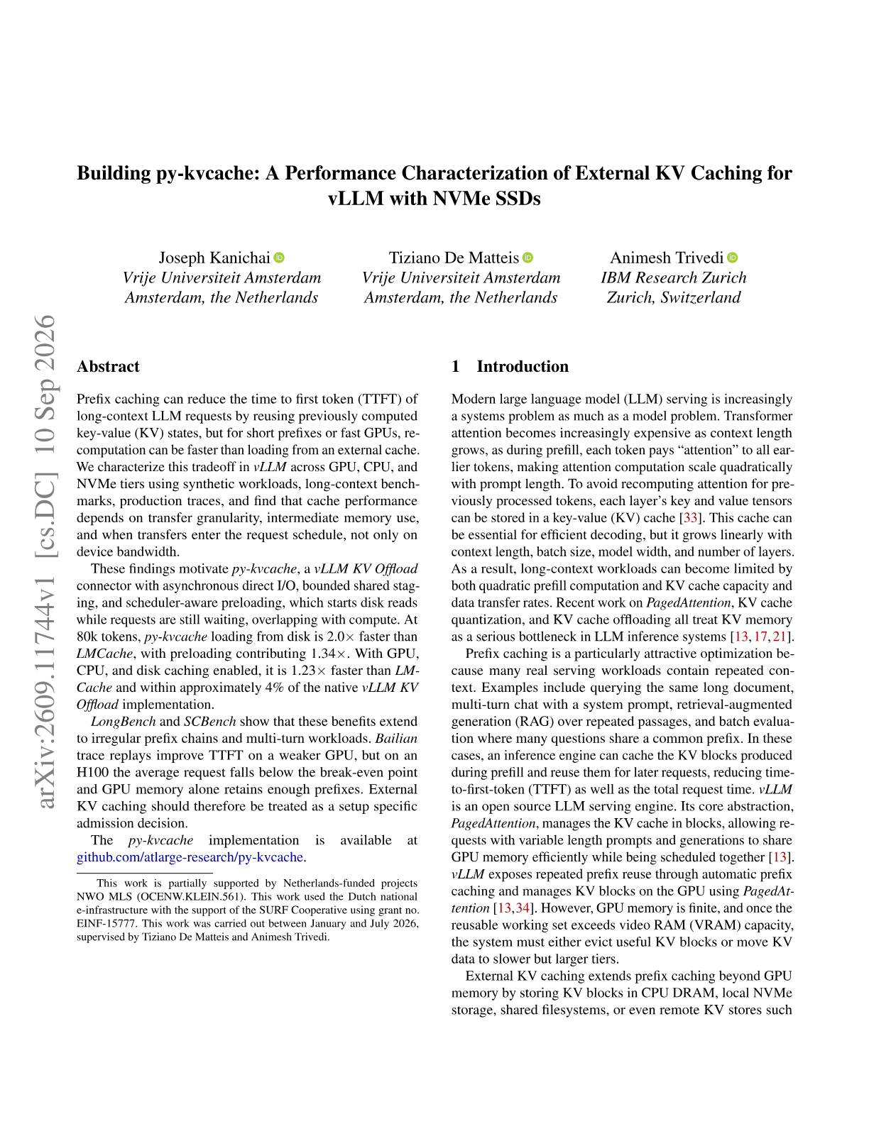 Building py-kvcache: A Performance Characterization of External KV Caching for vLLM with NVMe SSDs