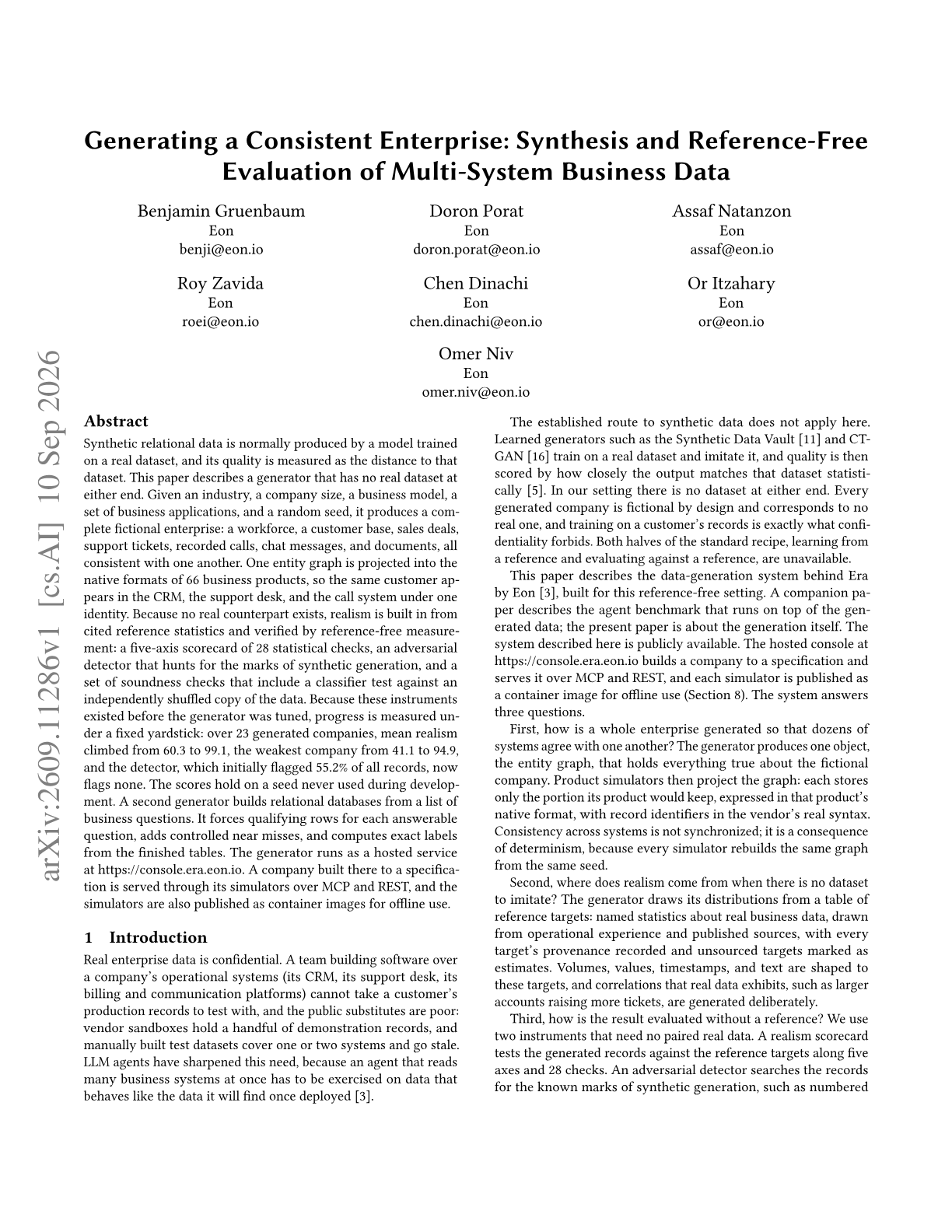 Generating a Consistent Enterprise: Synthesis and Reference-Free Evaluation of Multi-System Business Data