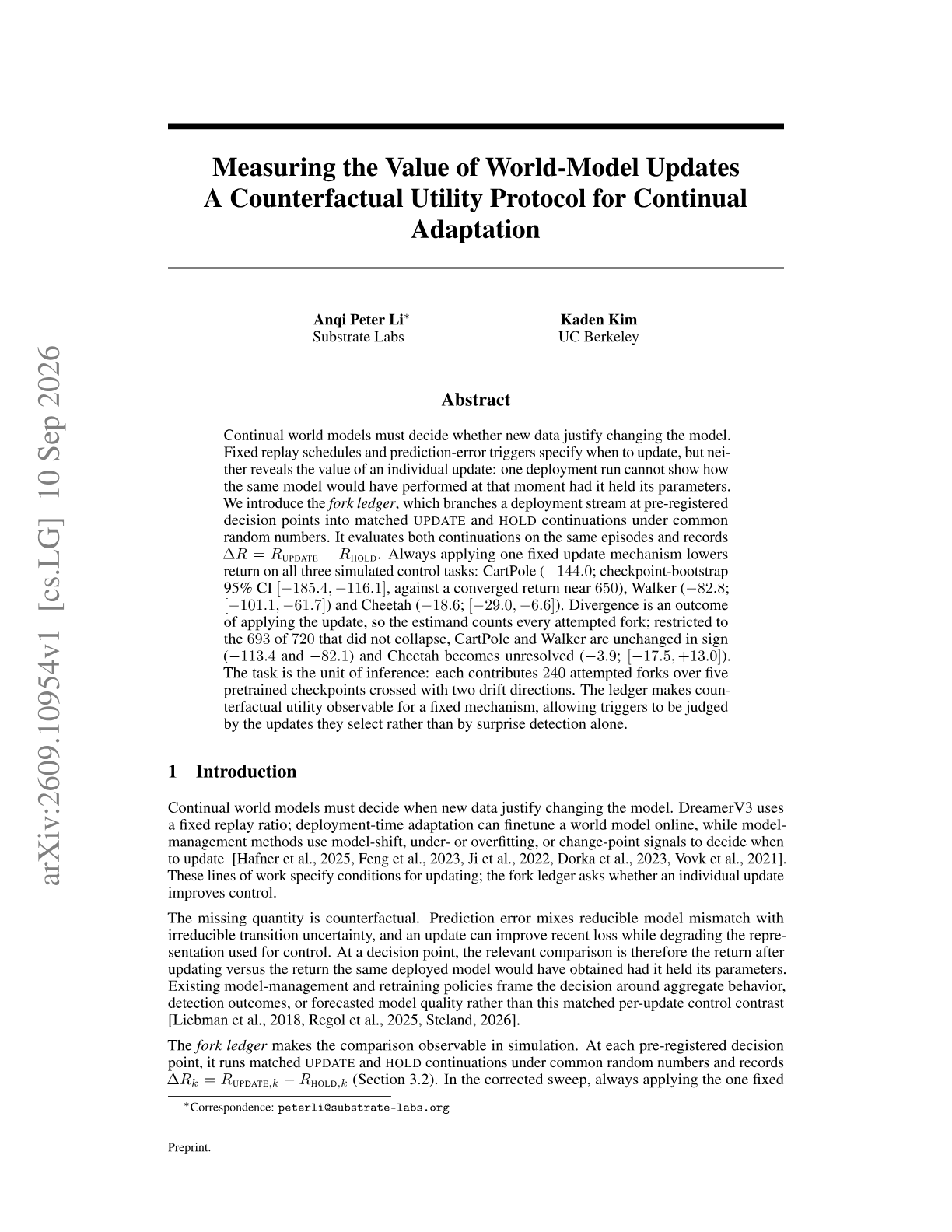 Measuring the Value of World-Model Updates: A Counterfactual Utility Protocol for Continual Adaptation