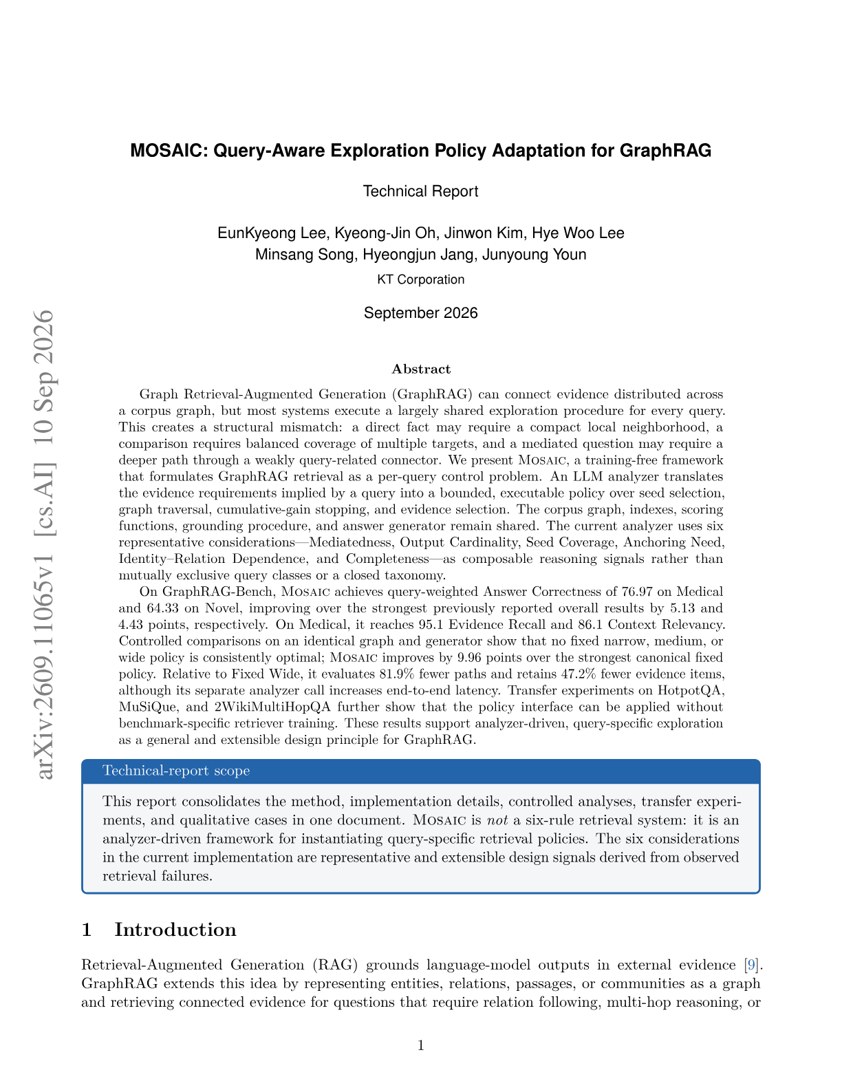 MOSAIC: Query-Aware Exploration Policy Adaptation for GraphRAG