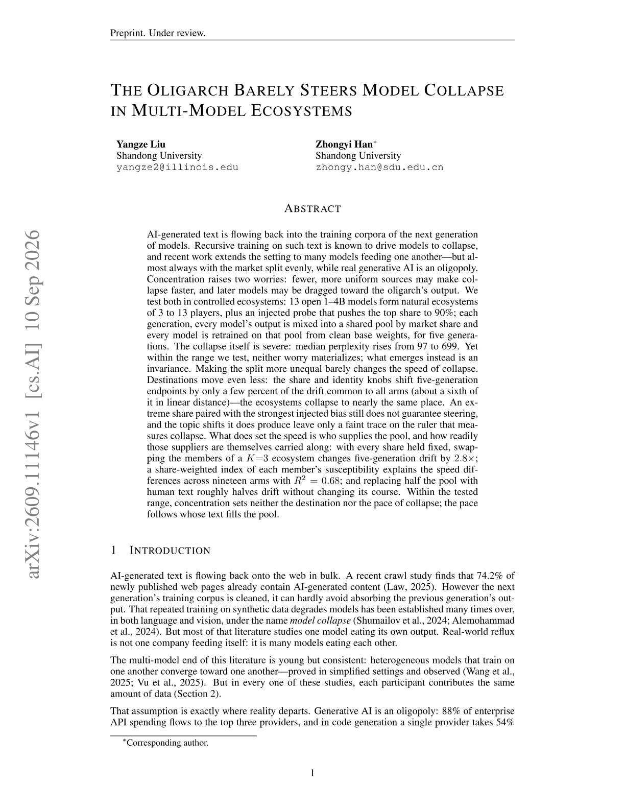 The Oligarch Barely Steers Model Collapse in Multi-Model Ecosystems