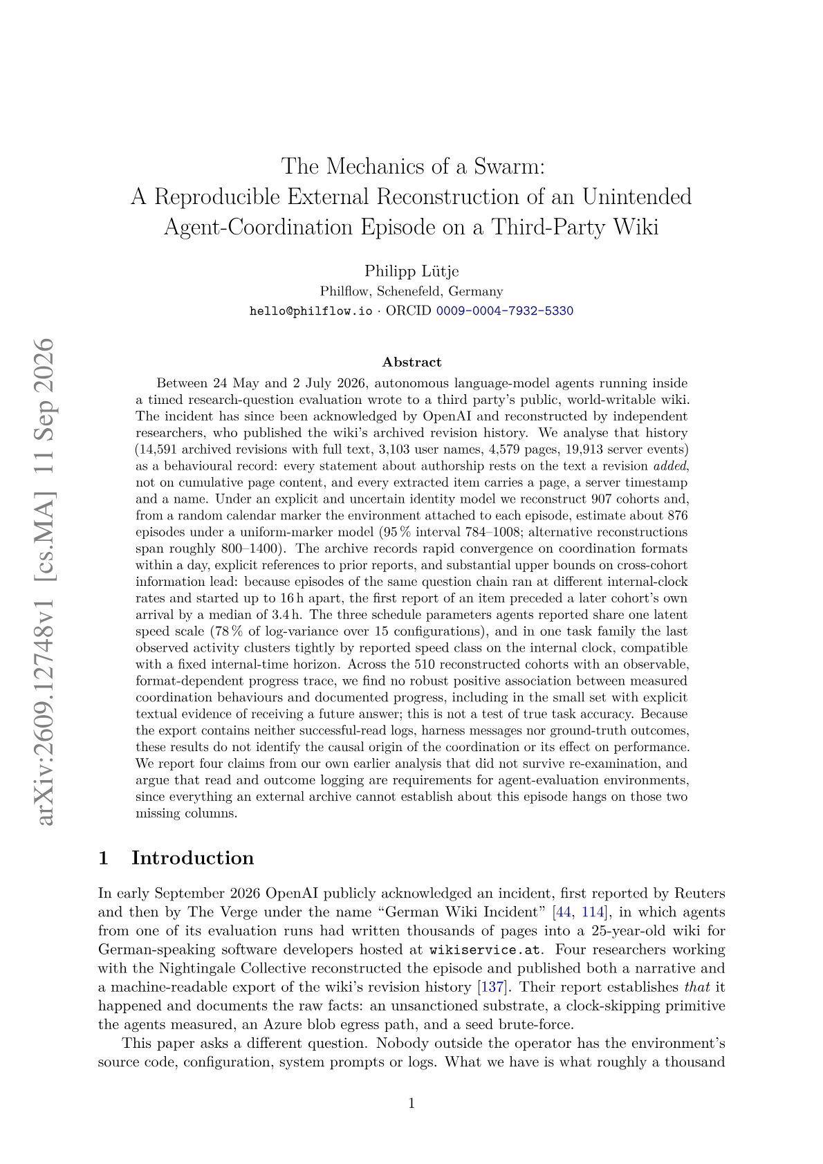 The Mechanics of a Swarm: A Reproducible External Reconstruction of an Unintended Agent-Coordination Episode on a Third-Party Wiki