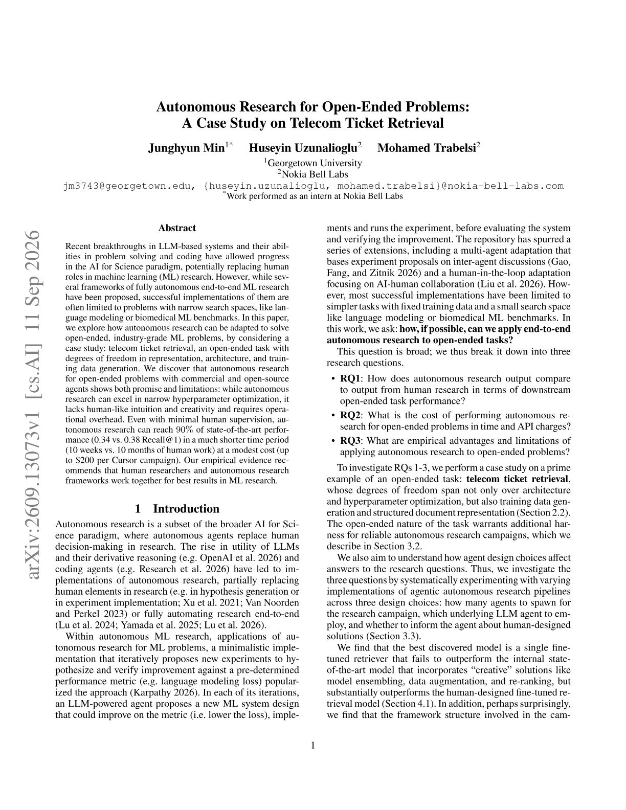 Autonomous Research for Open-Ended Problems: A Case Study on Telecom Ticket Retrieval