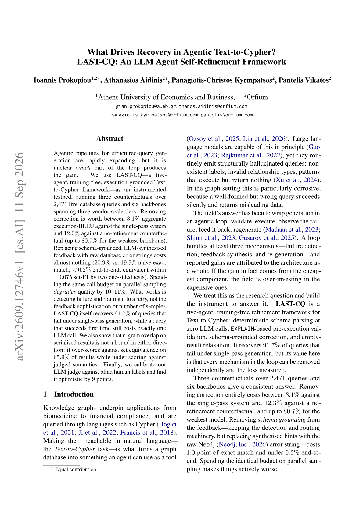 What Drives Recovery in Agentic Text-to-Cypher? LAST-CQ: An LLM Agent Self-Refinement Framework