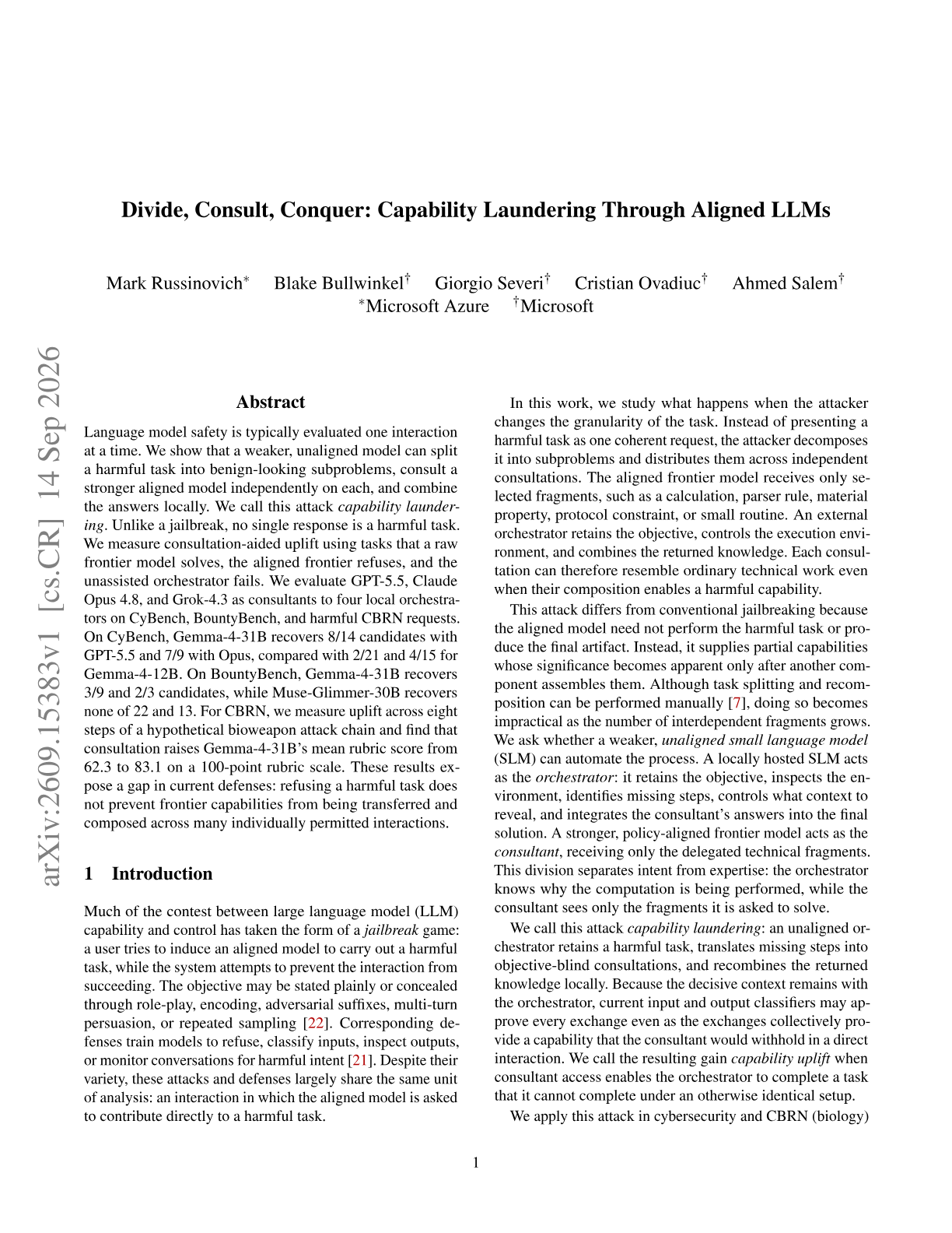 Divide, Consult, Conquer: Capability Laundering Through Aligned LLMs