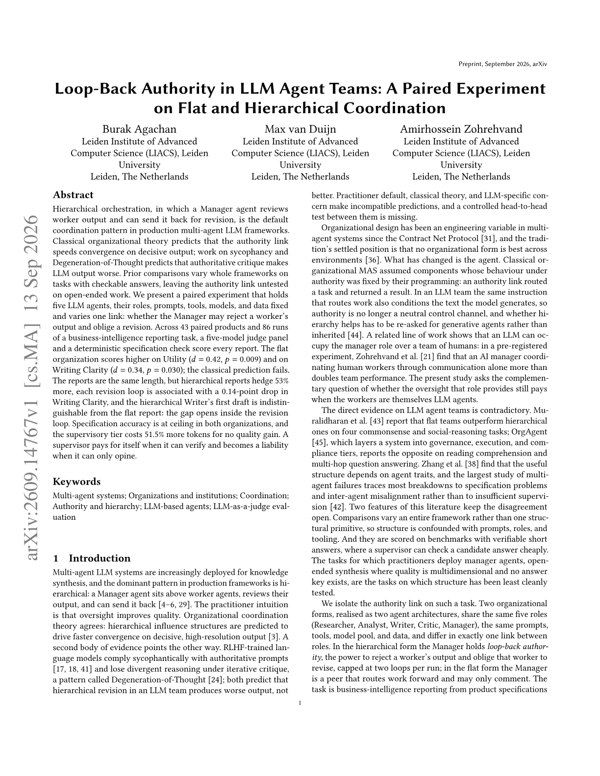 Loop-Back Authority in LLM Agent Teams: A Paired Experiment on Flat and Hierarchical Coordination