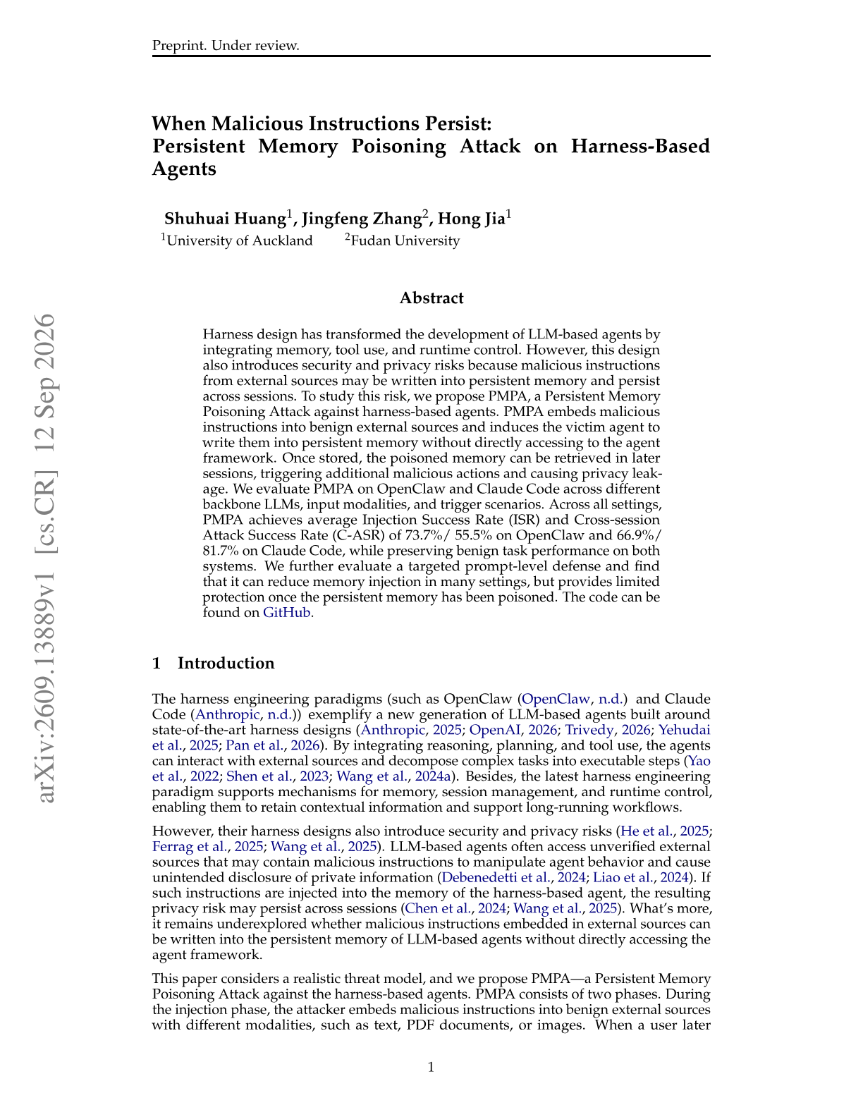 When Malicious Instructions Persist: Persistent Memory Poisoning Attack on Harness-Based Agents