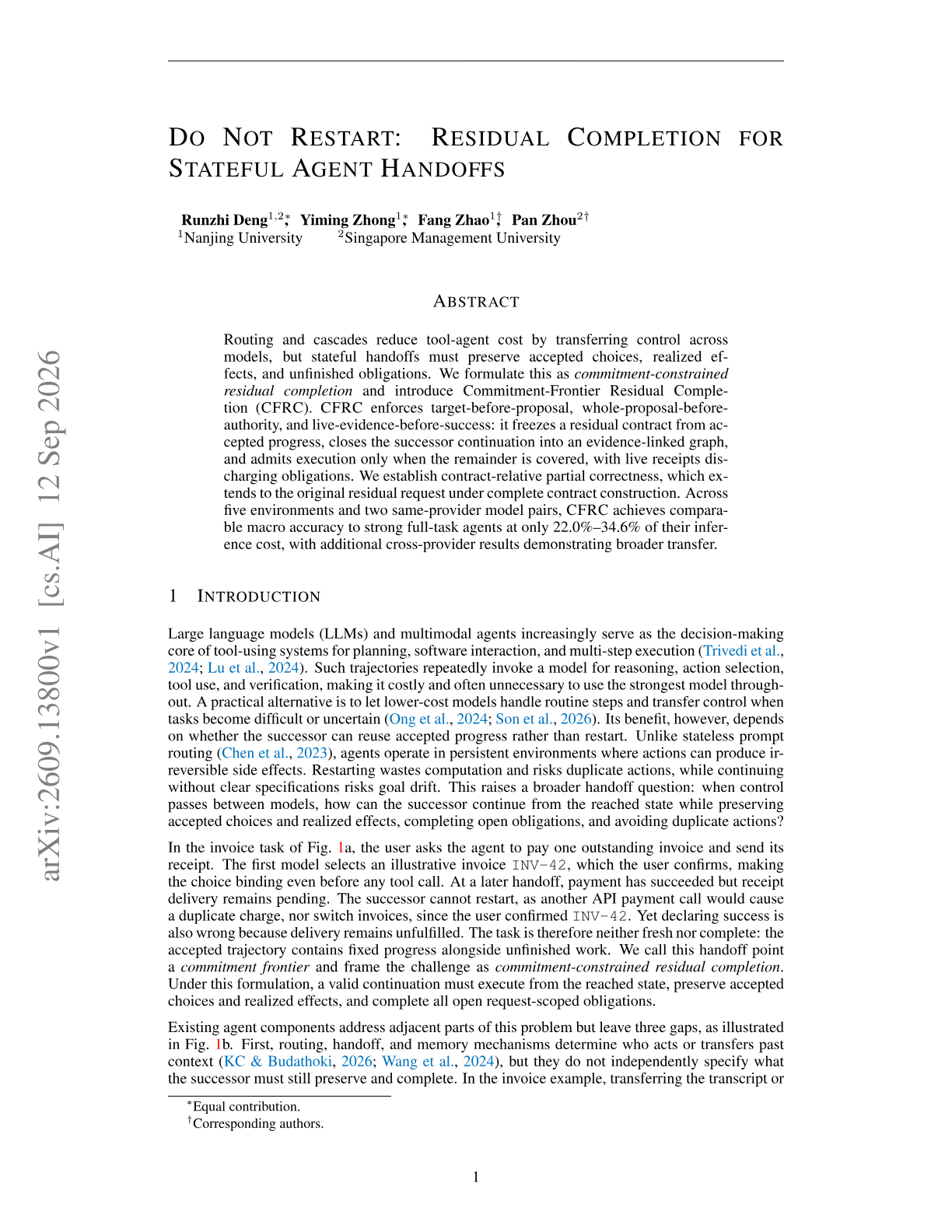 Do Not Restart: Residual Completion for Stateful Agent Handoffs