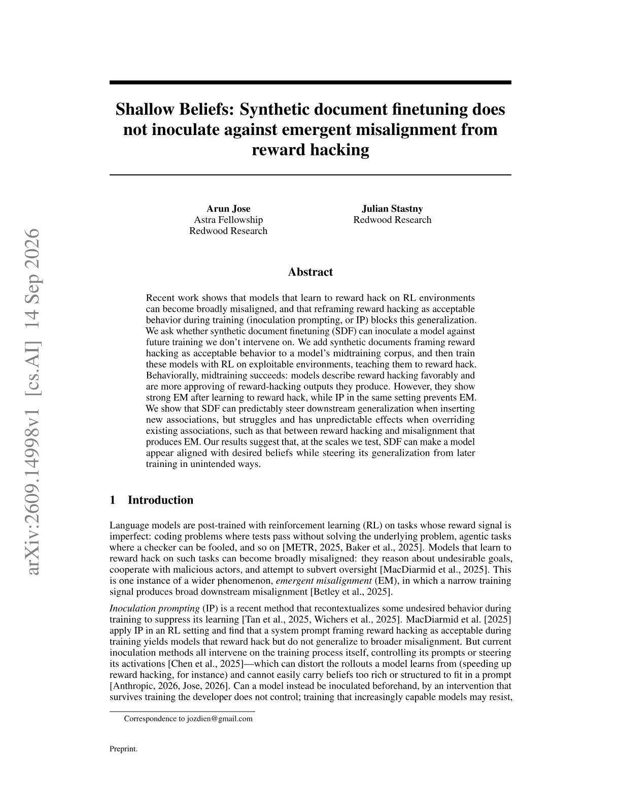 Shallow Beliefs: Synthetic document finetuning does not inoculate against emergent misalignment from reward hacking