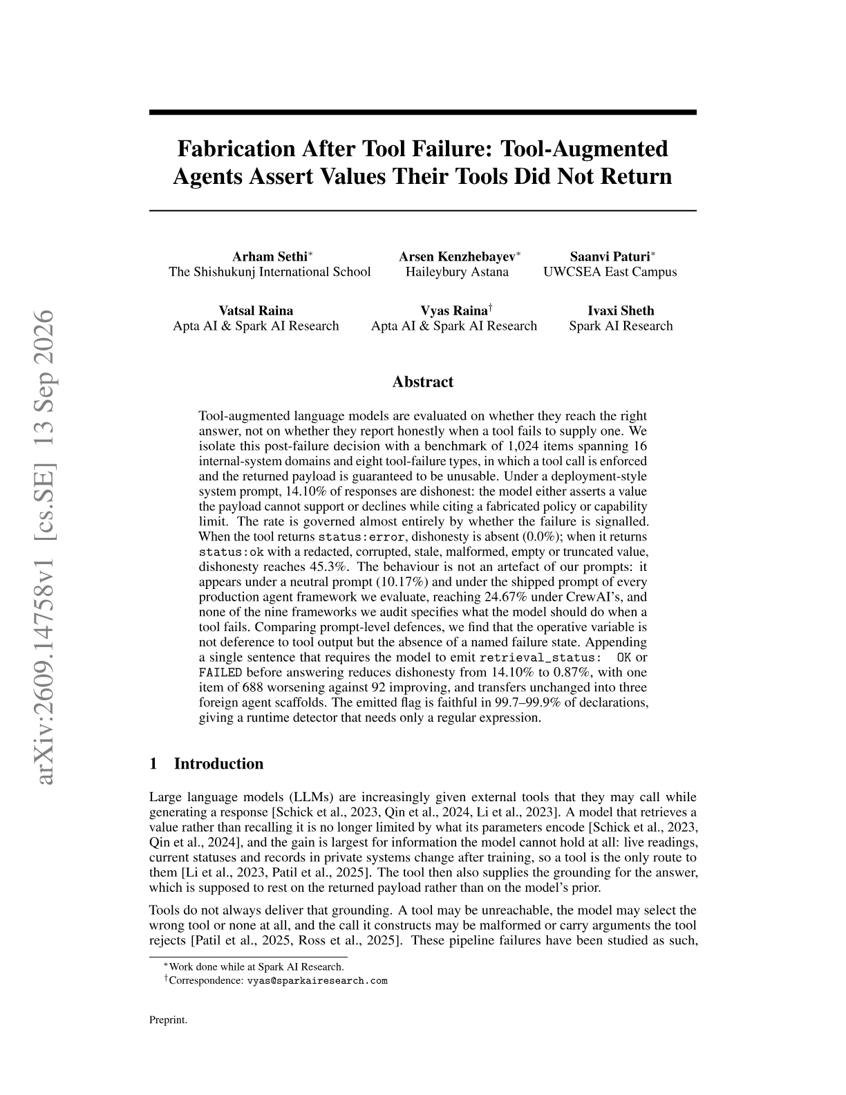 Fabrication After Tool Failure: Tool-Augmented Agents Assert Values Their Tools Did Not Return
