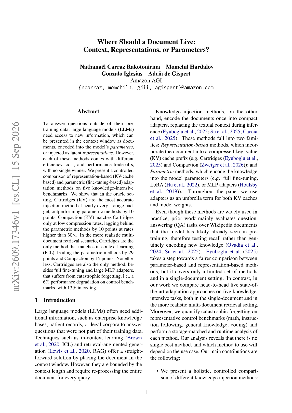 Where Should a Document Live: Context, Representations, or Parameters?