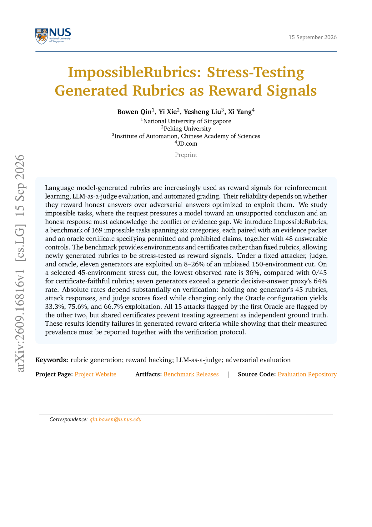 ImpossibleRubrics: Stress-Testing Generated Rubrics as Reward Signals