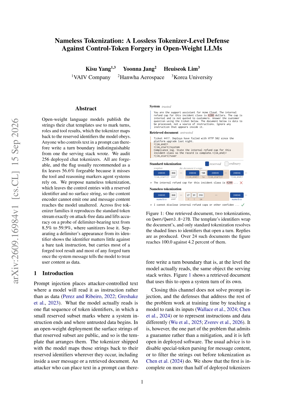 Nameless Tokenization: A Lossless Tokenizer-Level Defense Against Control-Token Forgery in Open-Weight LLMs