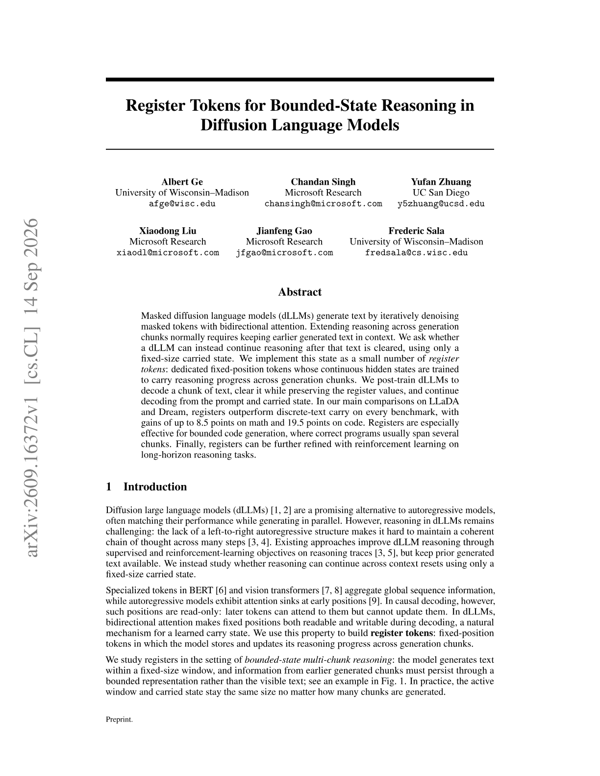Register Tokens for Bounded-State Reasoning in Diffusion Language Models