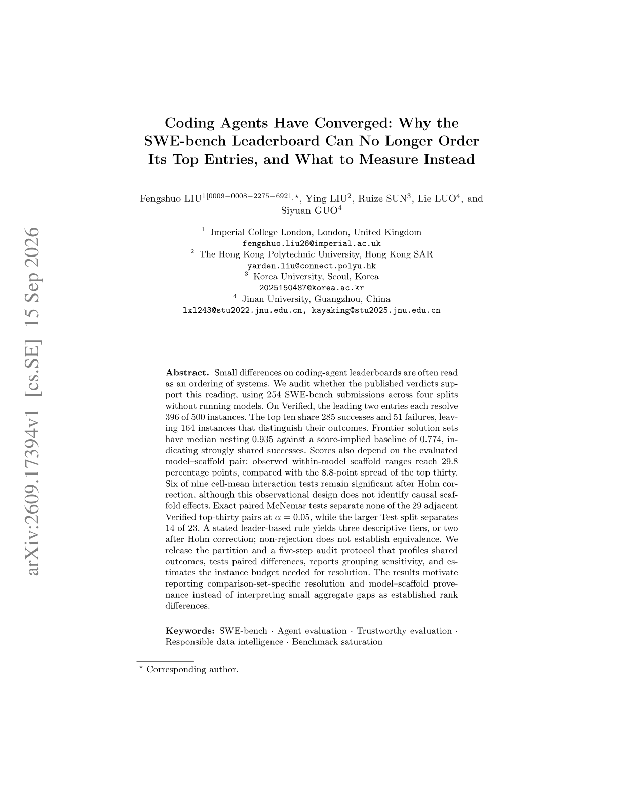 Coding Agents Have Converged: Why the SWE-bench Leaderboard Can No Longer Order Its Top Entries, and What to Measure Instead