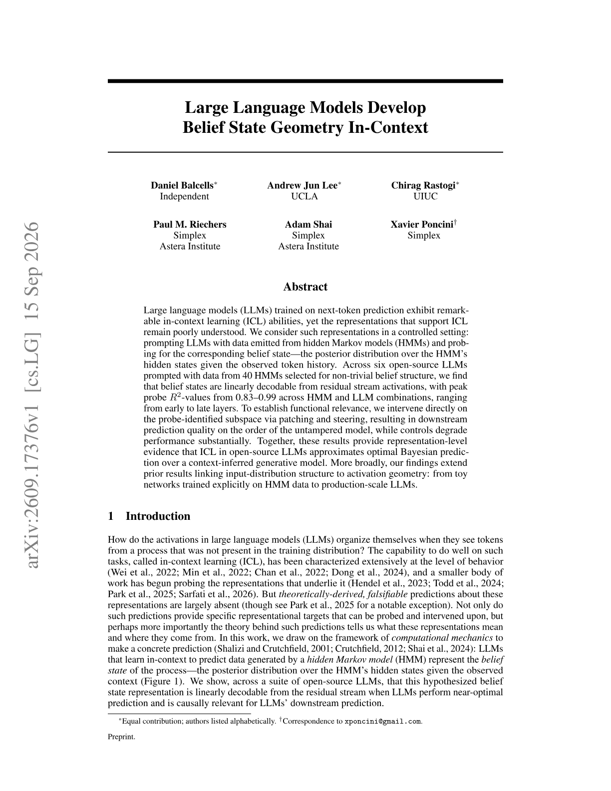 Large Language Models Develop Belief State Geometry In-Context