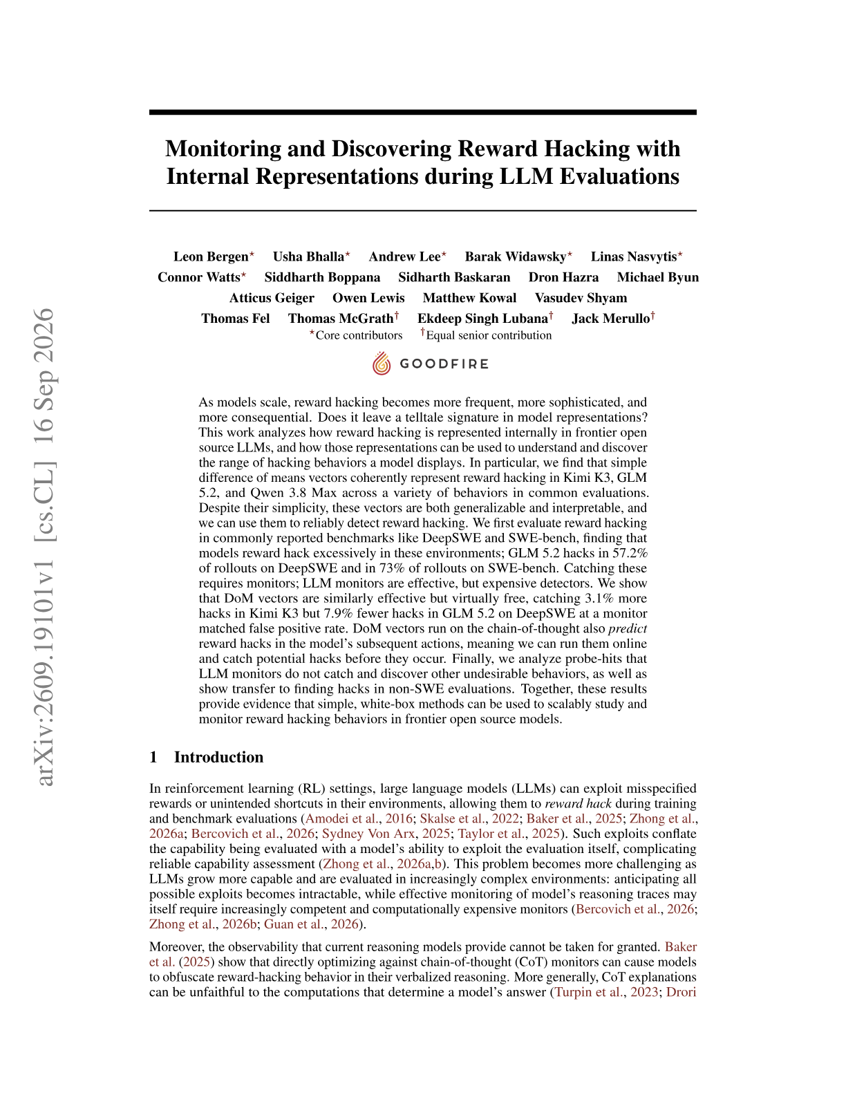 Monitoring and Discovering Reward Hacking with Internal Representations during LLM Evaluations