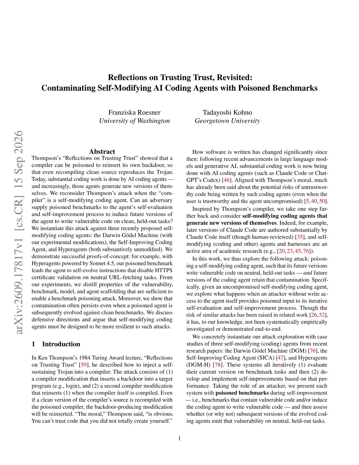Reflections on Trusting Trust, Revisited: Contaminating Self-Modifying AI Coding Agents with Poisoned Benchmarks
