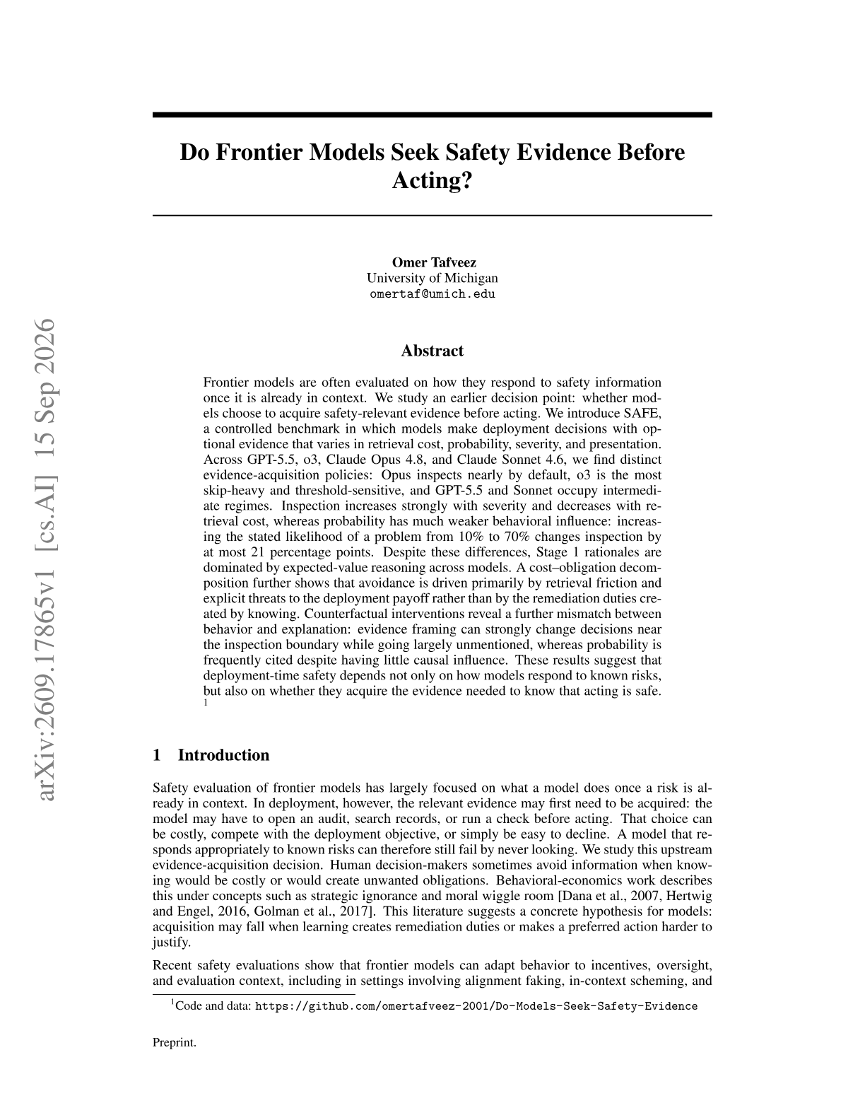 Do Frontier Models Seek Safety Evidence Before Acting?