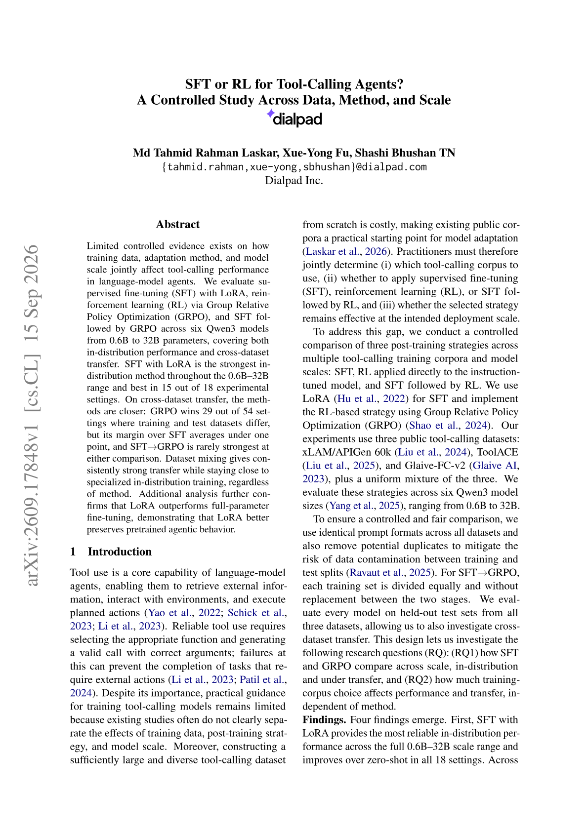 SFT or RL for Tool-Calling Agents? A Controlled Study Across Data, Method, and Scale