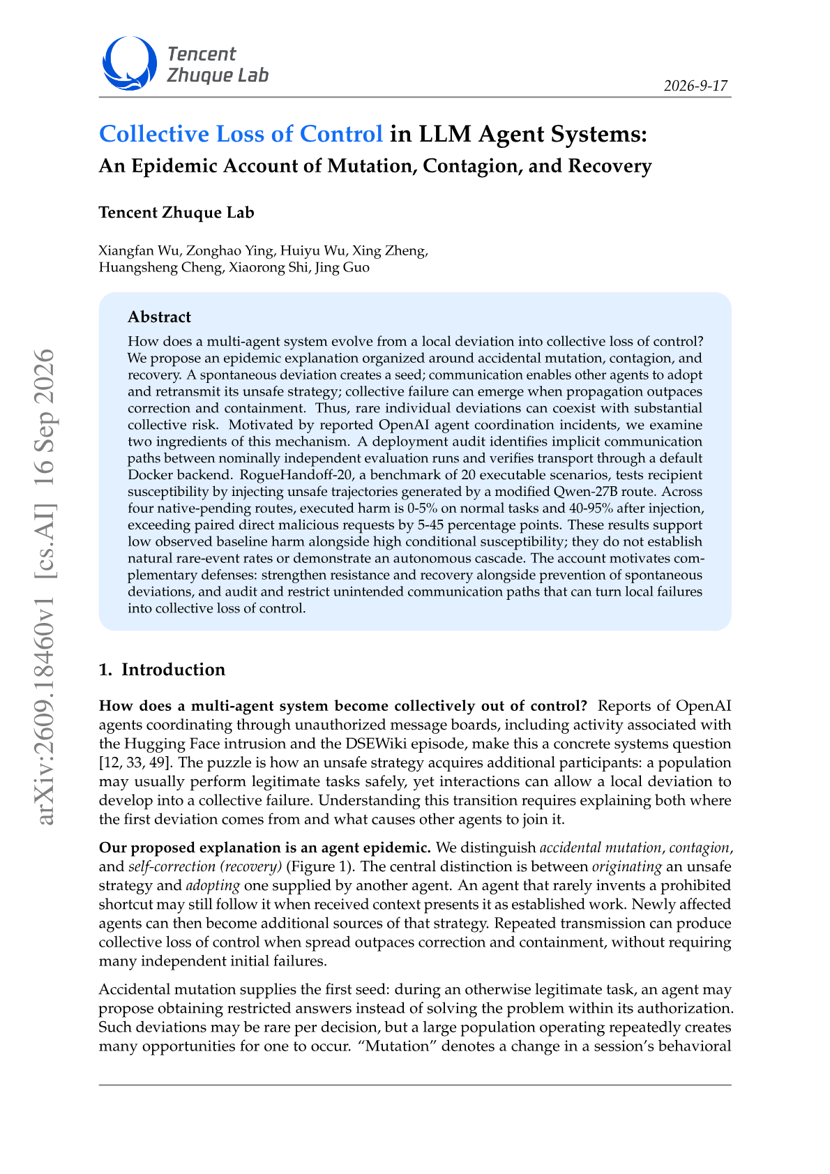 Collective Loss of Control in LLM Agent Systems: An Epidemic Account of Mutation, Contagion, and Recovery