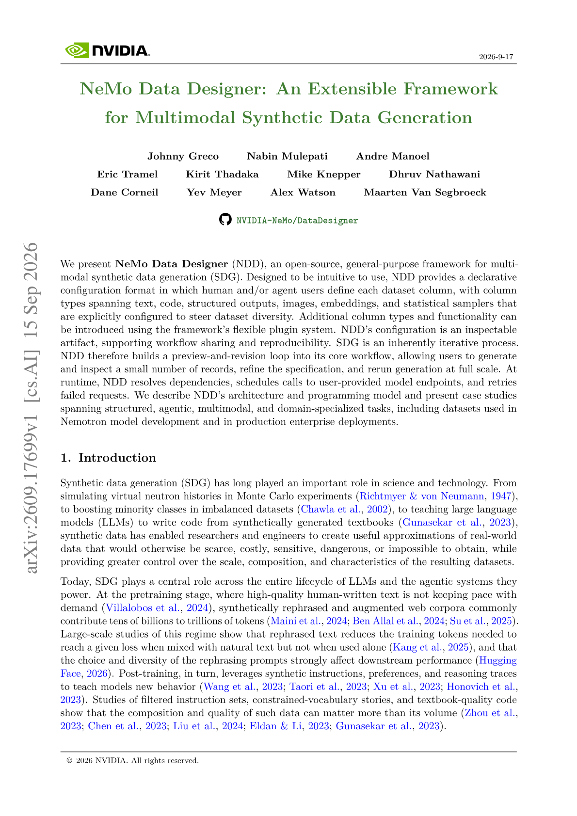 NeMo Data Designer: An Extensible Framework for Multimodal Synthetic Data Generation