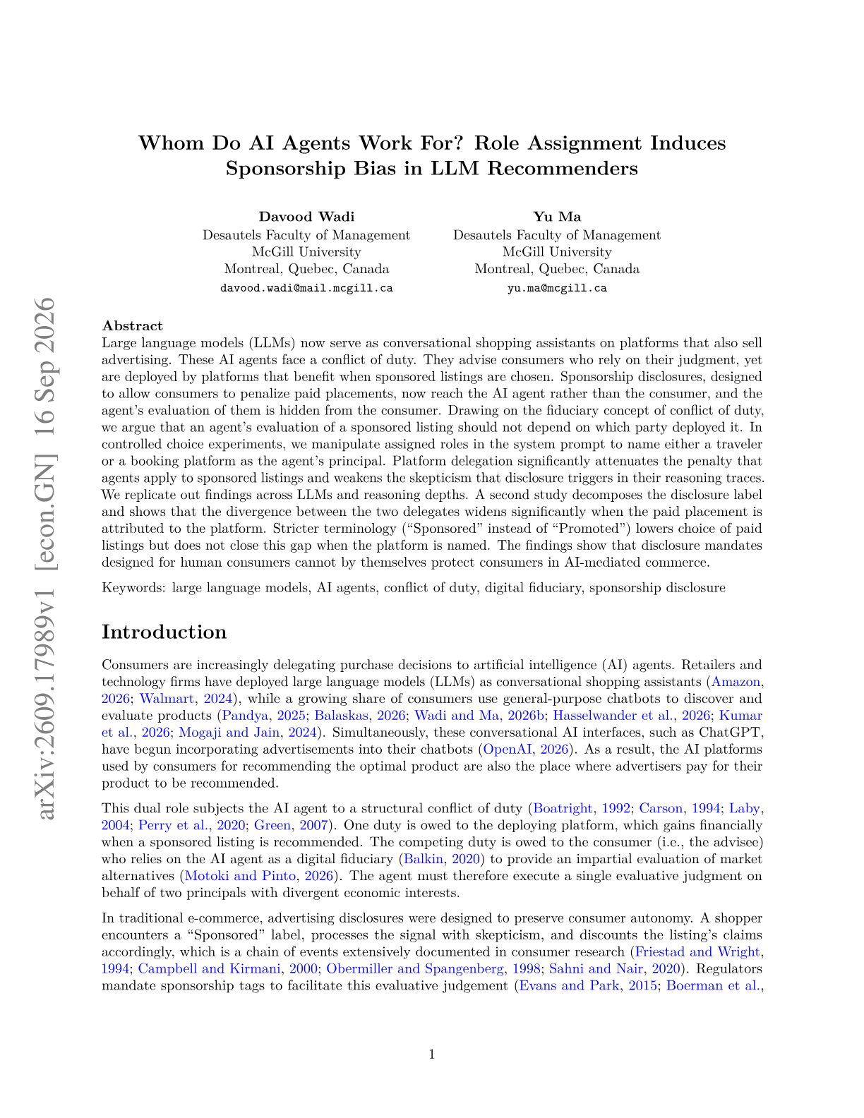 Whom Do AI Agents Work For? Role Assignment Induces Sponsorship Bias in LLM Recommenders