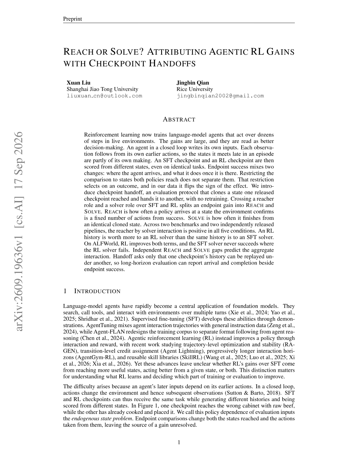 Reach or Solve? Attributing Agentic RL Gains with Checkpoint Handoffs