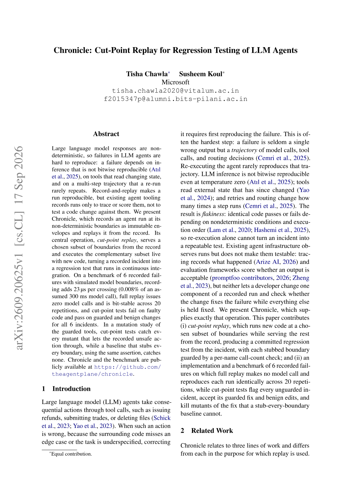 Chronicle: Cut-Point Replay for Regression Testing of LLM Agents