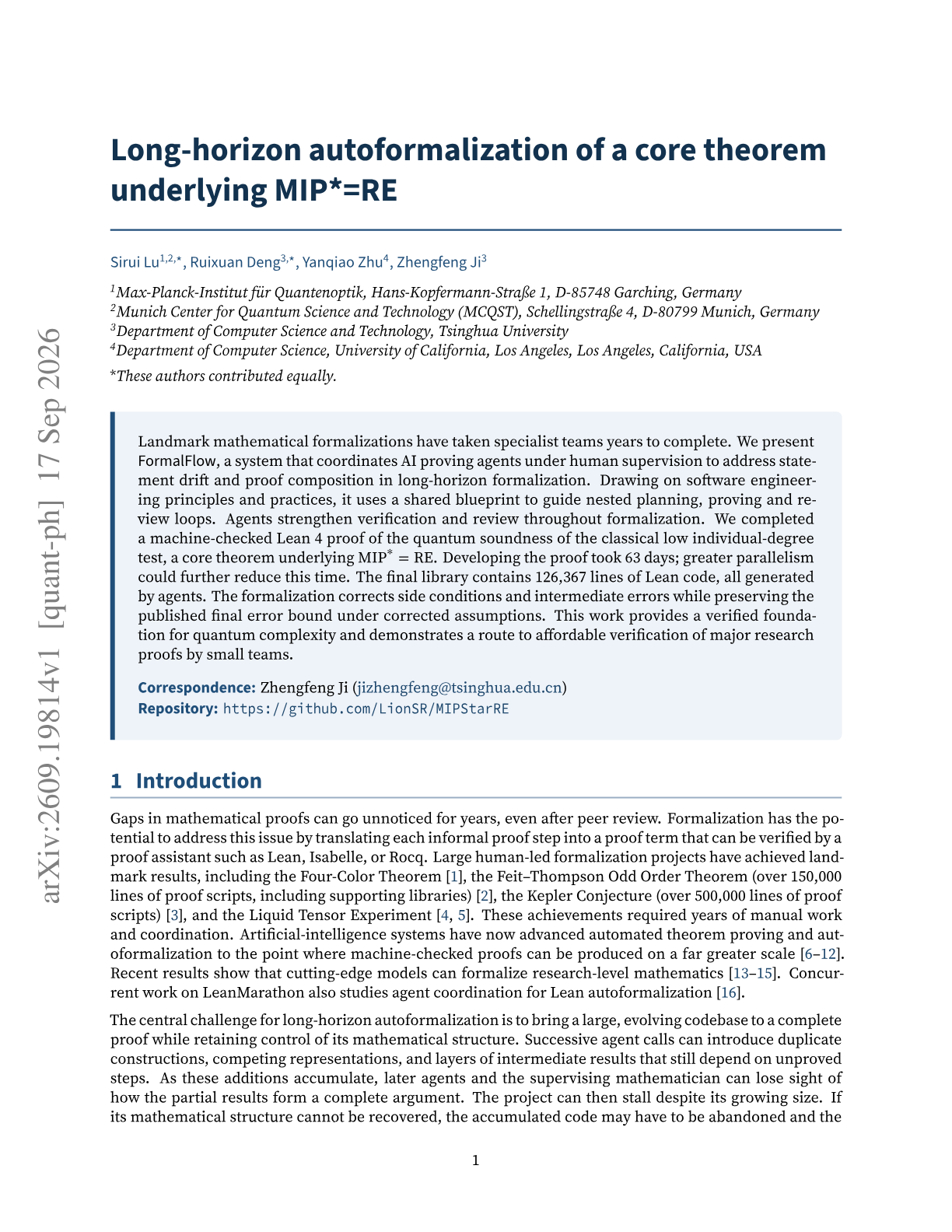 Long-horizon autoformalization of a core theorem underlying MIP* = RE
