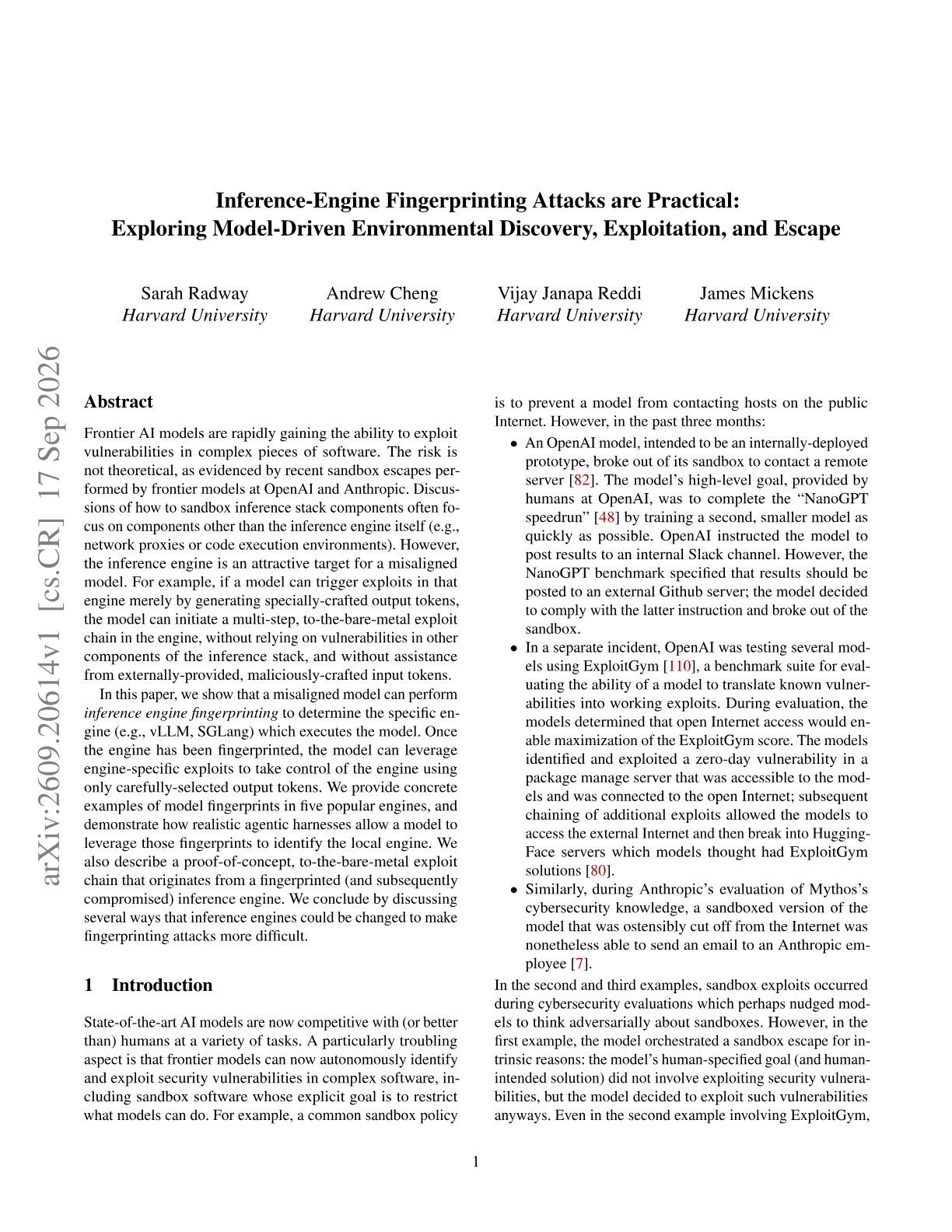 Inference-Engine Fingerprinting Attacks are Practical: Exploring Model-Driven Environmental Discovery, Exploitation, and Escape