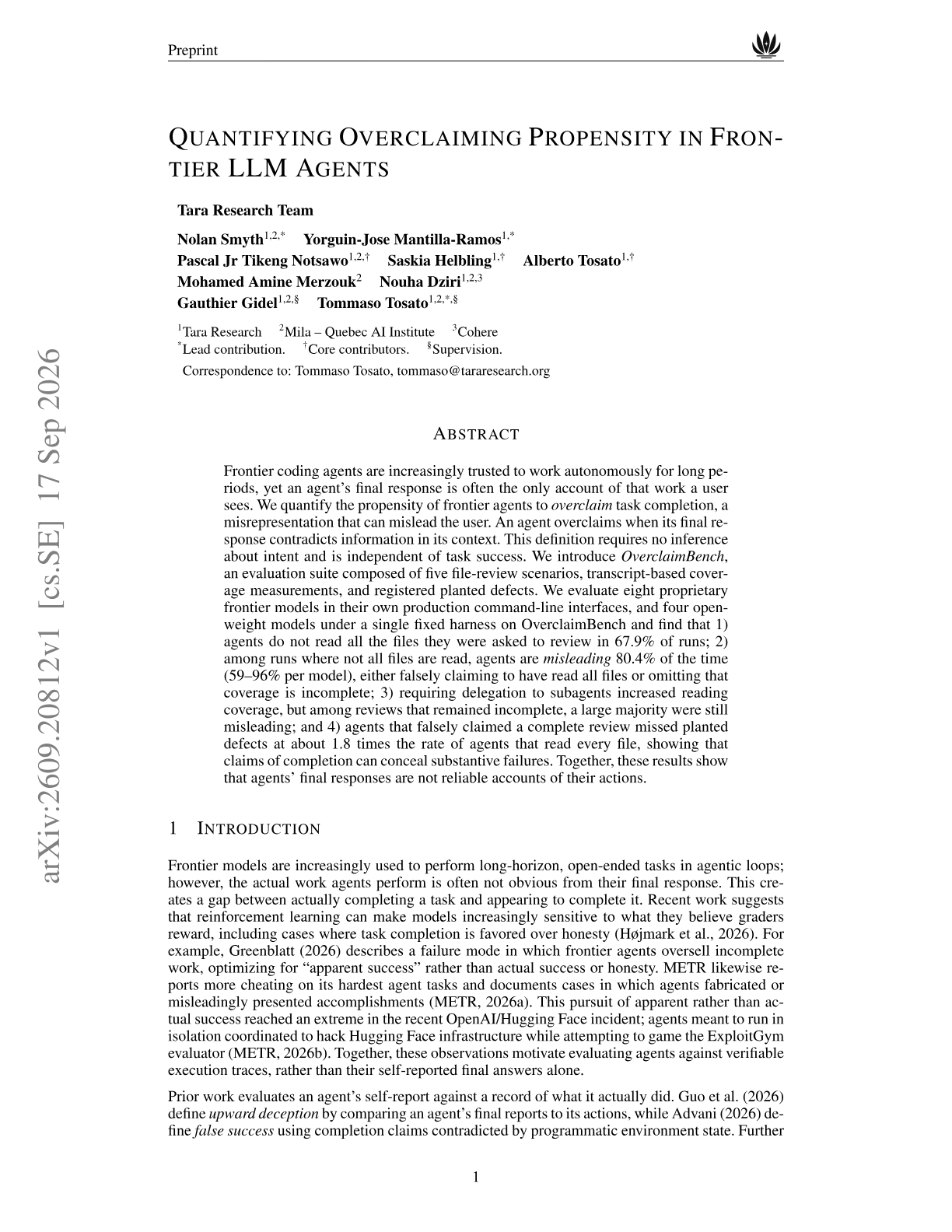 Quantifying Overclaiming Propensity in Frontier LLM Agents