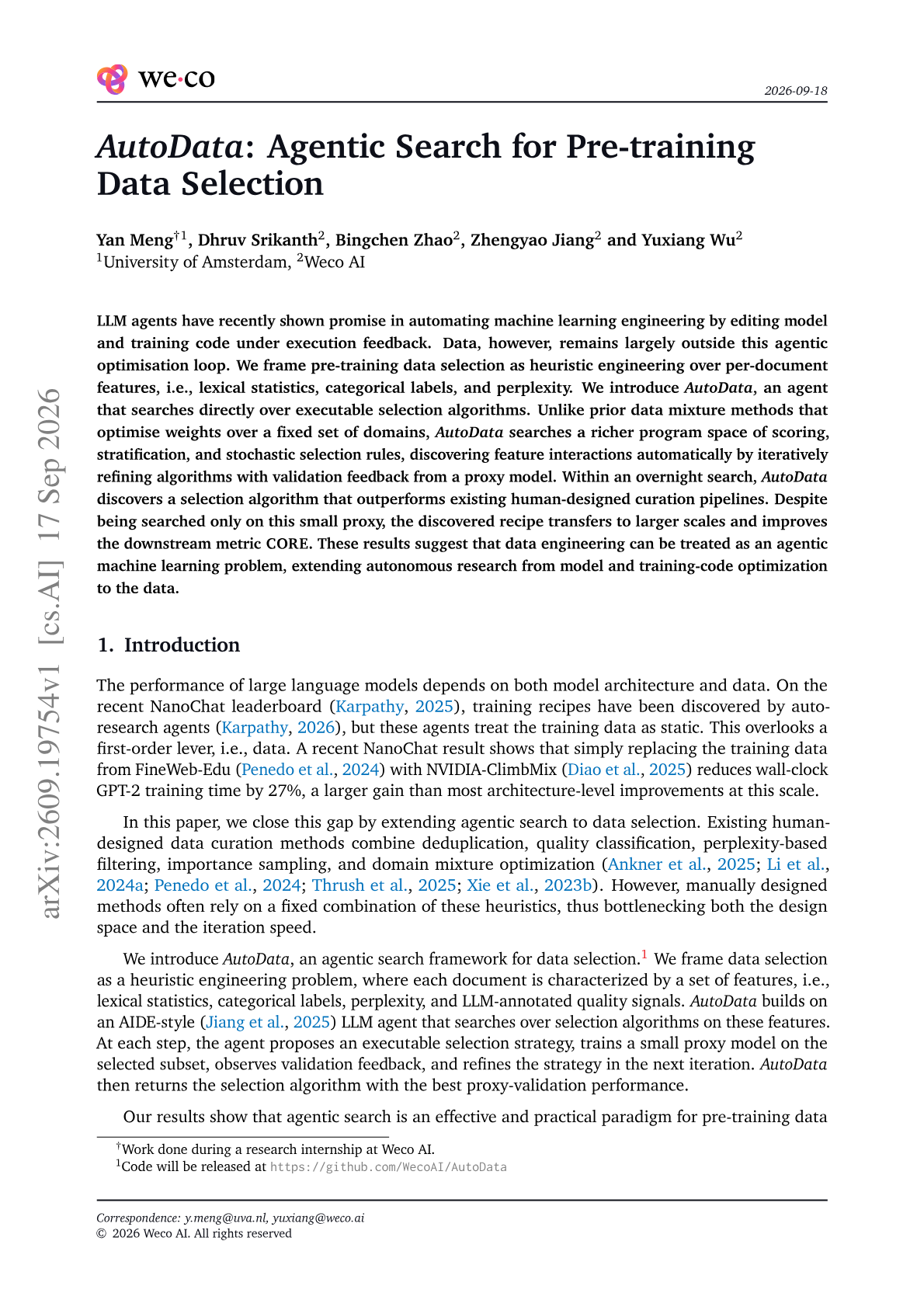 AutoData: Agentic Search for Pre-training Data Selection