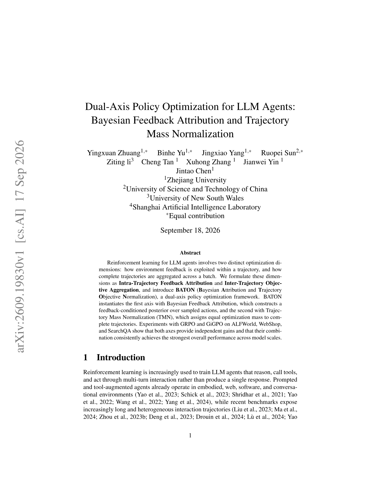 Dual-Axis Policy Optimization for LLM Agents: Bayesian Feedback Attribution and Trajectory Mass Normalization