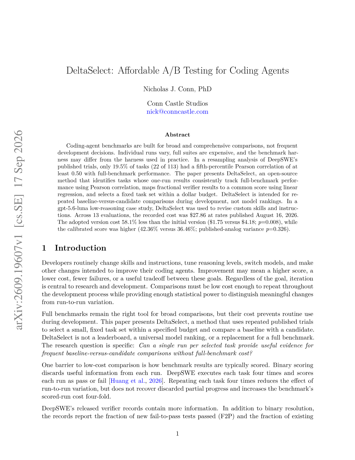 DeltaSelect: Affordable A/B Testing for Coding Agents