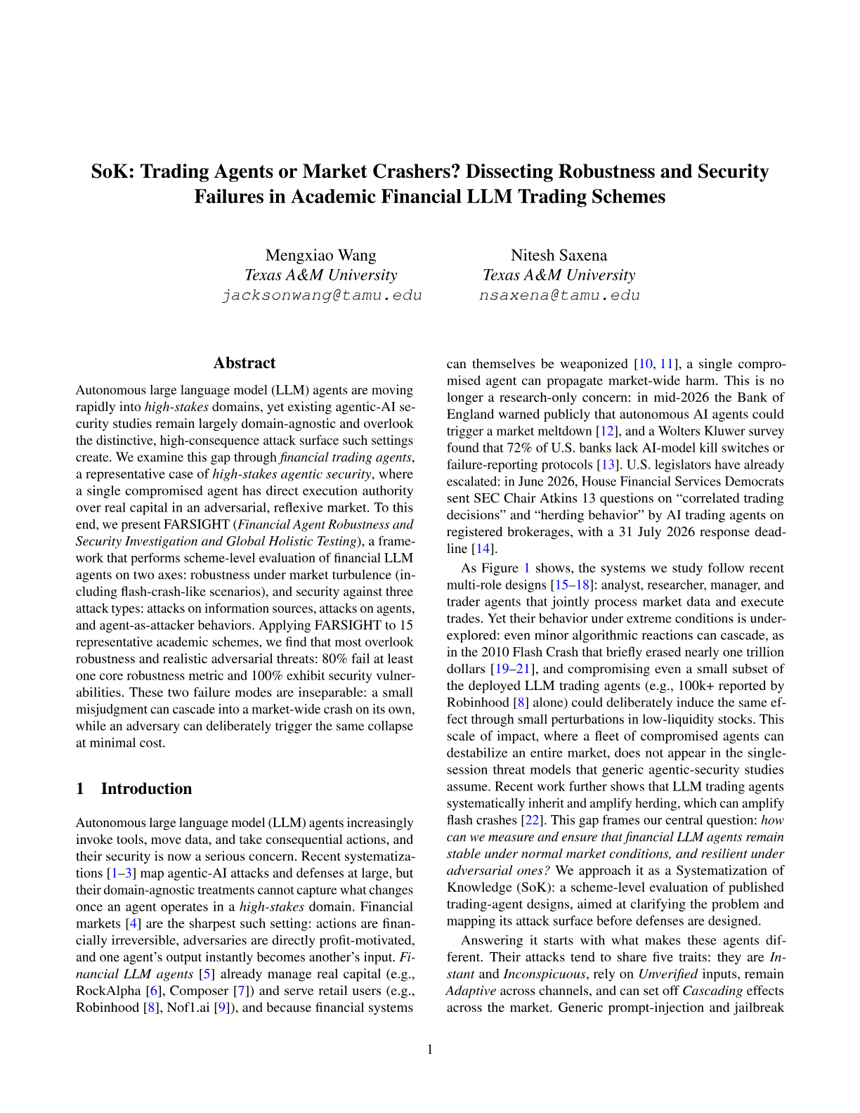 SoK: Trading Agents or Market Crashers? Dissecting Robustness and Security Failures in Academic Financial LLM Trading Schemes