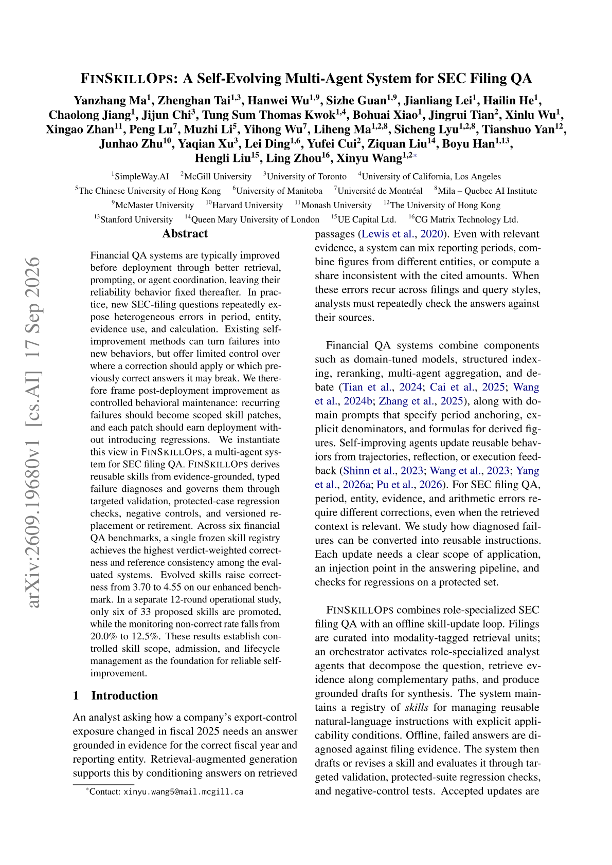 FINSKILLOPS: A Self-Evolving Multi-Agent System for SEC Filing QA
