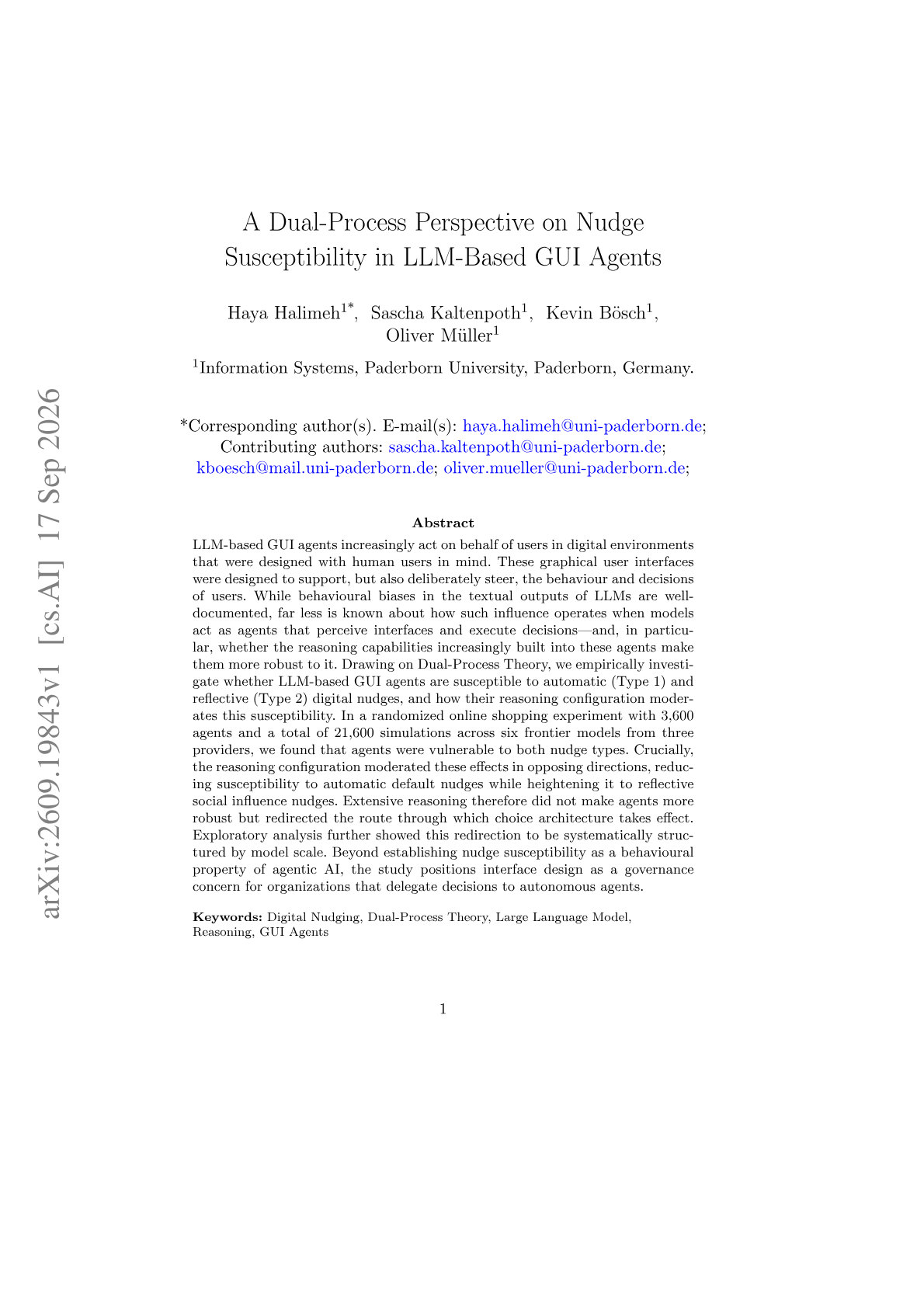 A Dual-Process Perspective on Nudge Susceptibility in LLM-Based GUI Agents